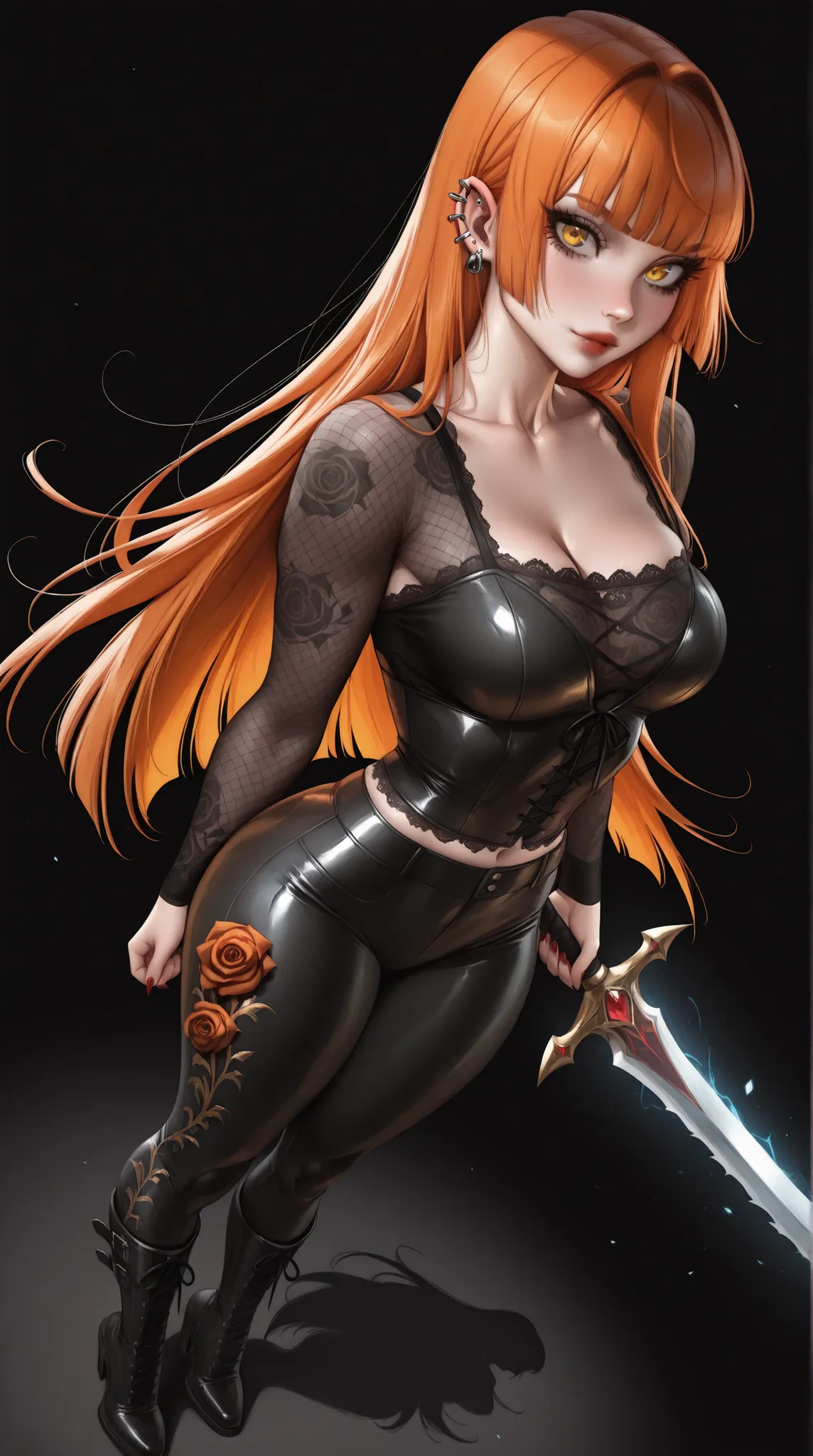 (Sakimichan:0.7), 1girl, vampire, standing, segmented blade sword, fair skin, cropped lace gothic top, piercings, beautifully detailed gold eyes, long thick orange hair, hime cut,looking back at viewer, thick thighs, leather mesh gothic rose print pants,...