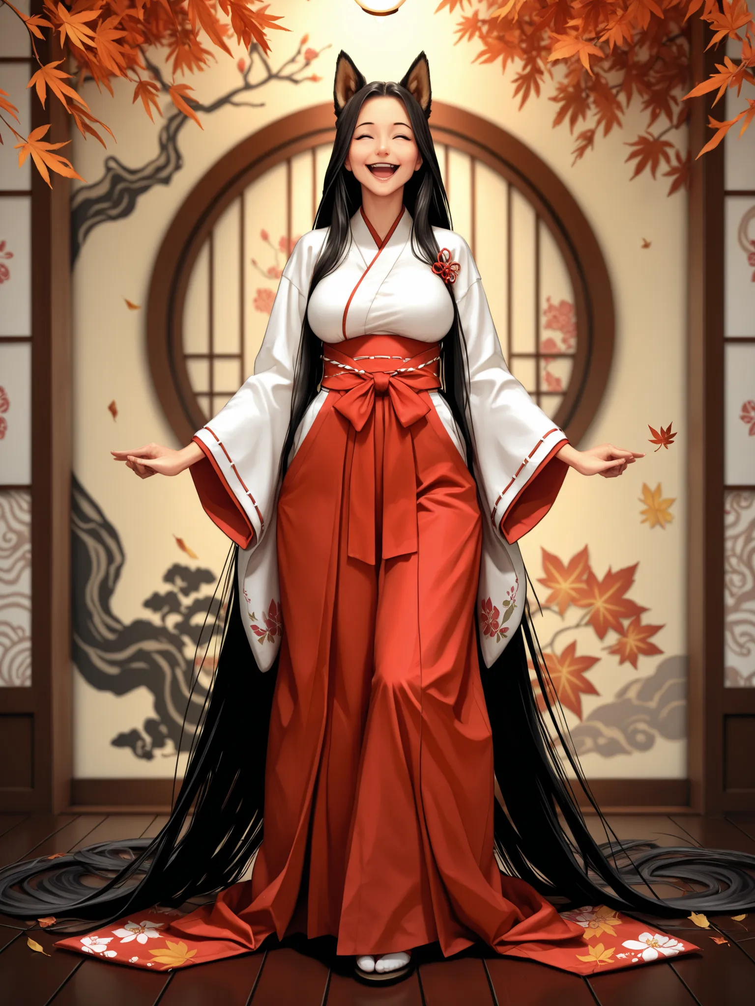 best quality, (masterpiece:1.35), wallpaper, (illustration), original, (depth of field), (1girl:1.35), (solo), full body, dynamic, detailed face,mature female, adult, (old:1.3), Medium breasts, Amused, happy,miko clothing, flower trim,absurdly long hair, b...