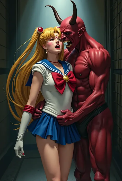 Hyperrealism, masterpiece, highest quality, A young Japanese woman is hugged from behind by a devil, beautiful face, ((she is crying and screaming in pain)), painful face, arms behind her back, her hands on the devil's crotch, she is wearing a Sailor Moon ...