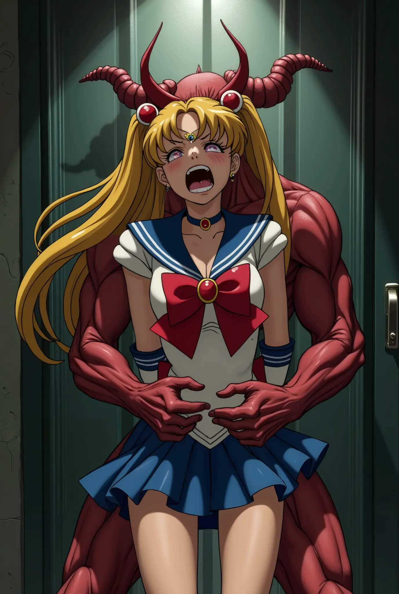 Hyperrealism, masterpiece, highest quality, A young Japanese woman is hugged from behind by a devil, beautiful face, ((she is crying and screaming in pain)), painful face, arms behind her back, her hands on the devil's crotch, she is wearing a Sailor Moon ...
