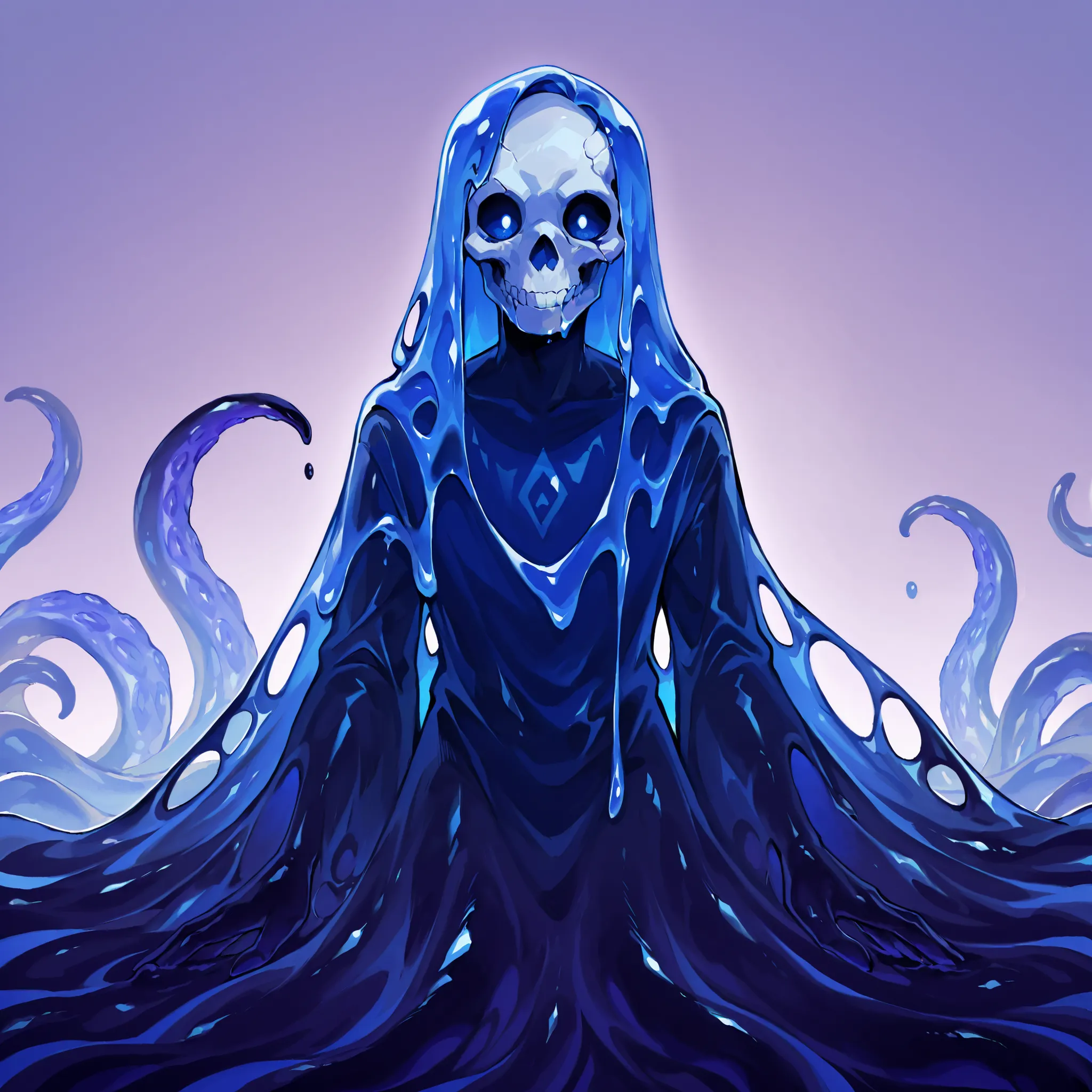 Slime: Imagine a feminine Slime with a gelatinous shape, but more defined, of a brilliant turquoise blue tone that reflects light. Body is fluid and malleable, but maintains a humanoid figure, Androgyny, anthro, skull mask on side of the head, transparent ...