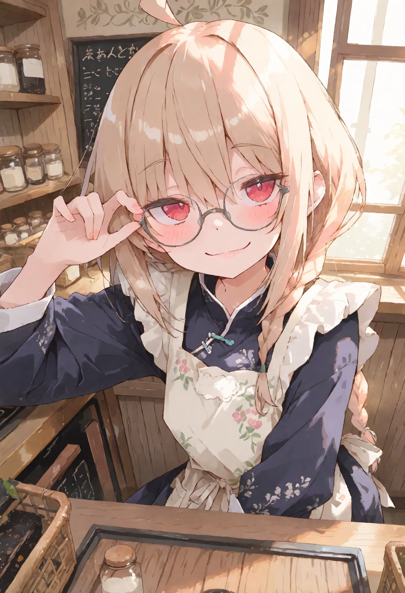 ((amechan, nsfw:1.5), masterpiece, best quality, ultra-detailed, anime style, cozy interior, wide-angle shot, score_9),
(small countryside shop, wood counter in foreground, register on counter, handmade goods, wooden shelves in background, jars, baskets, d...
