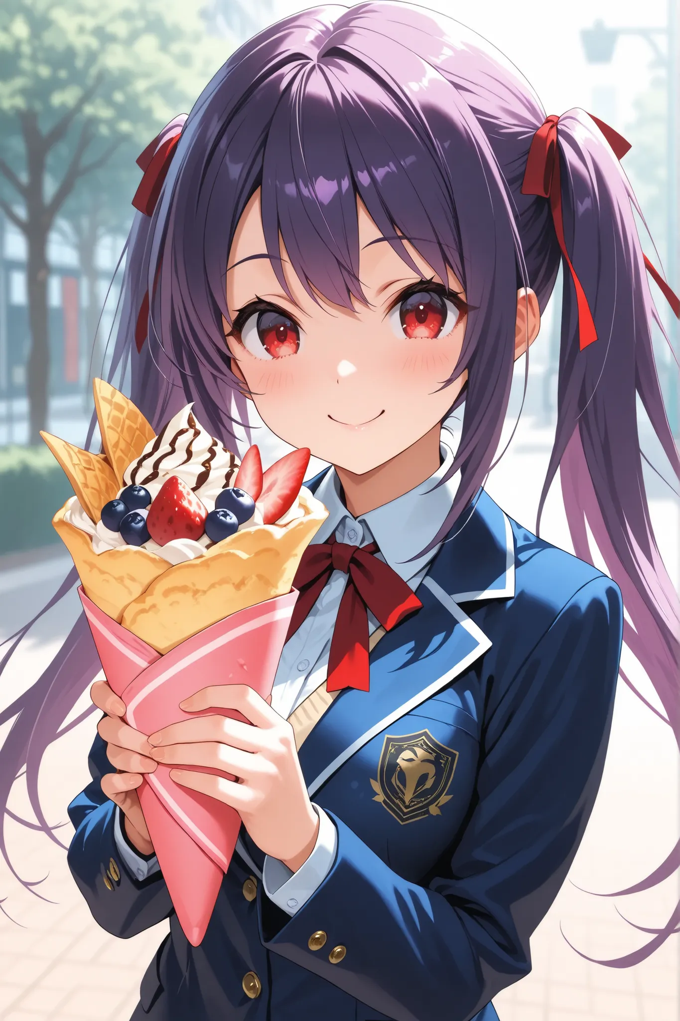 ultra-detailed,8K,illustration,CG,1 cute girl, purple hair,red eyes , twin tails,red ribbon,
,school uniform, jacket/blazer,crepe,happy smile