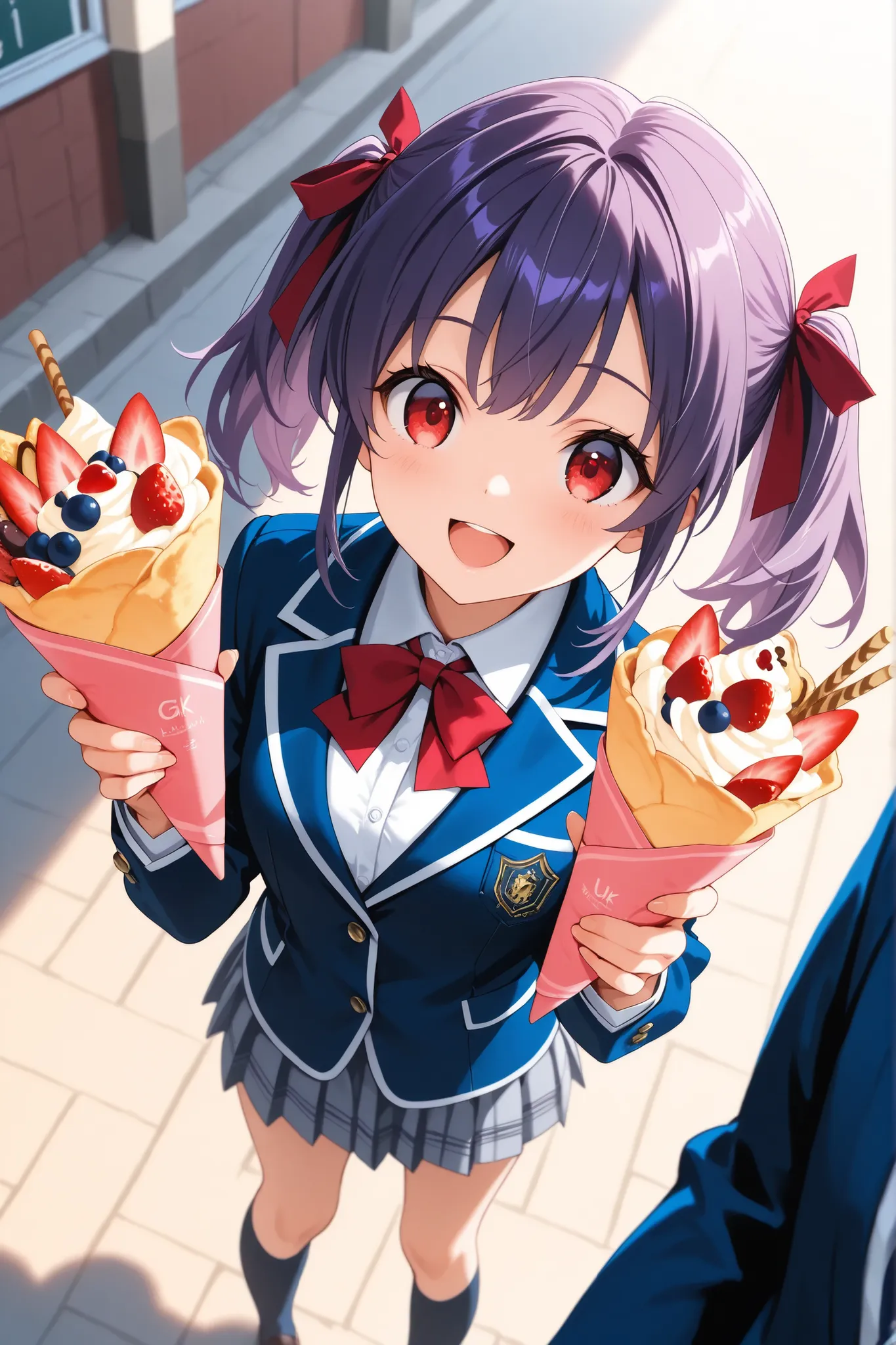 ultra-detailed,8K,illustration,CG,1 cute girl, purple hair,red eyes , twin tails,red ribbon,
,school uniform, jacket/blazer,crepe,happy smil,from above