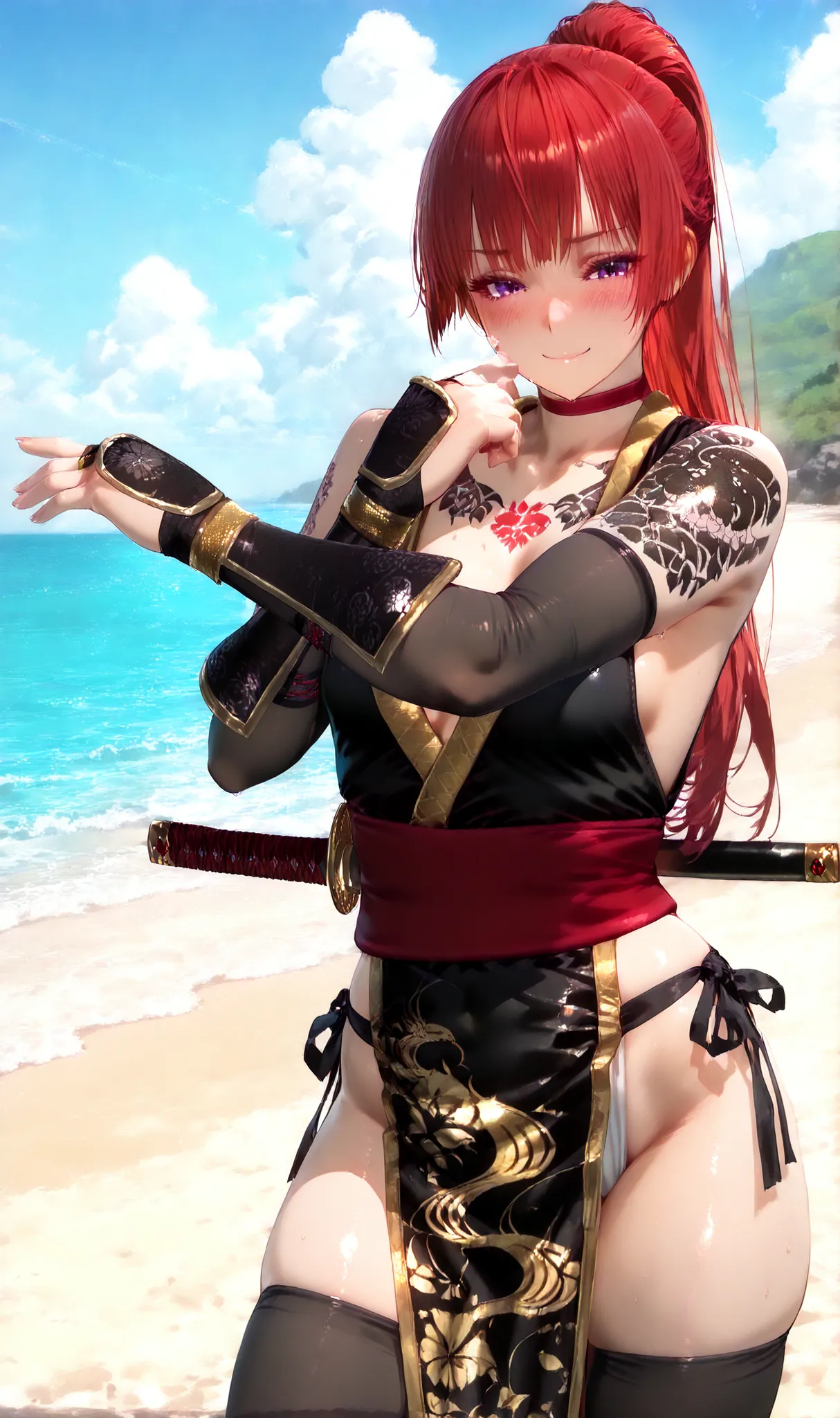 1 girl, alone, high resolution, masterpiece, best quality, detailed CG, detailed face, detailed skin, small breasts, purple eyes, red hair, long hair, high ponytail, bangs with a tuft, blush, bright, smile, yakuza tattoos, arm tattoo, full-body tattoo, che...