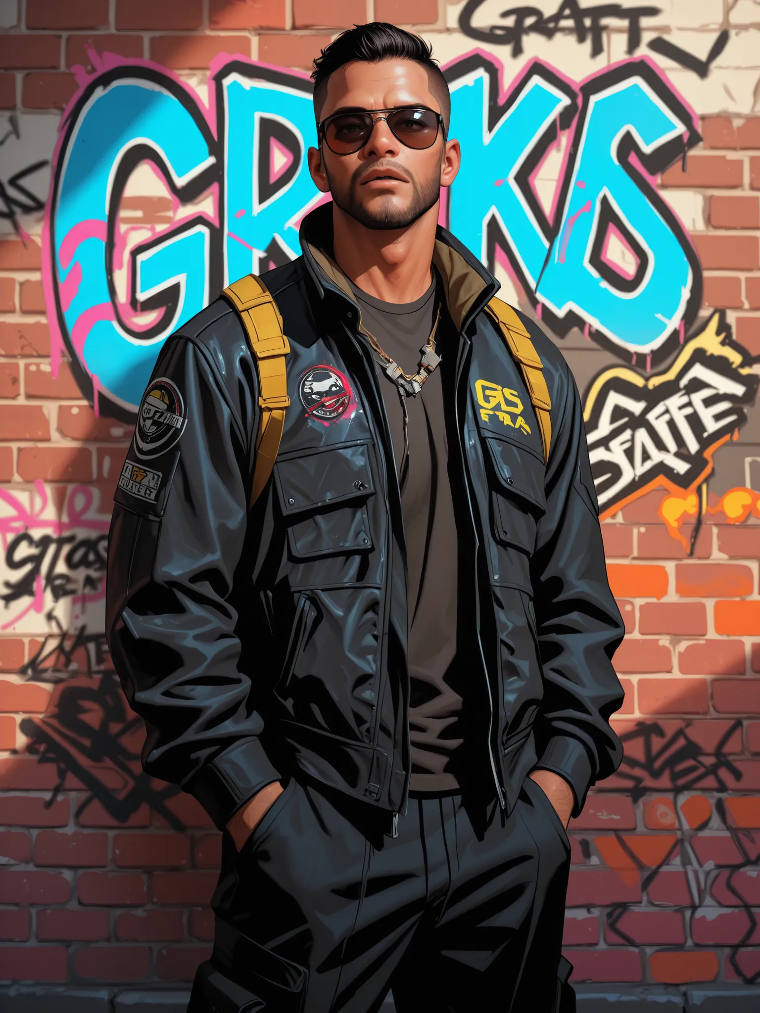 spray paint letters black man and sunglasses on brick wall and letters graffiti and lines of fire, cyberpunk style, graffiti background on the wall, best quality, masterpiece, digital art style, details, graffiti letters, gta style