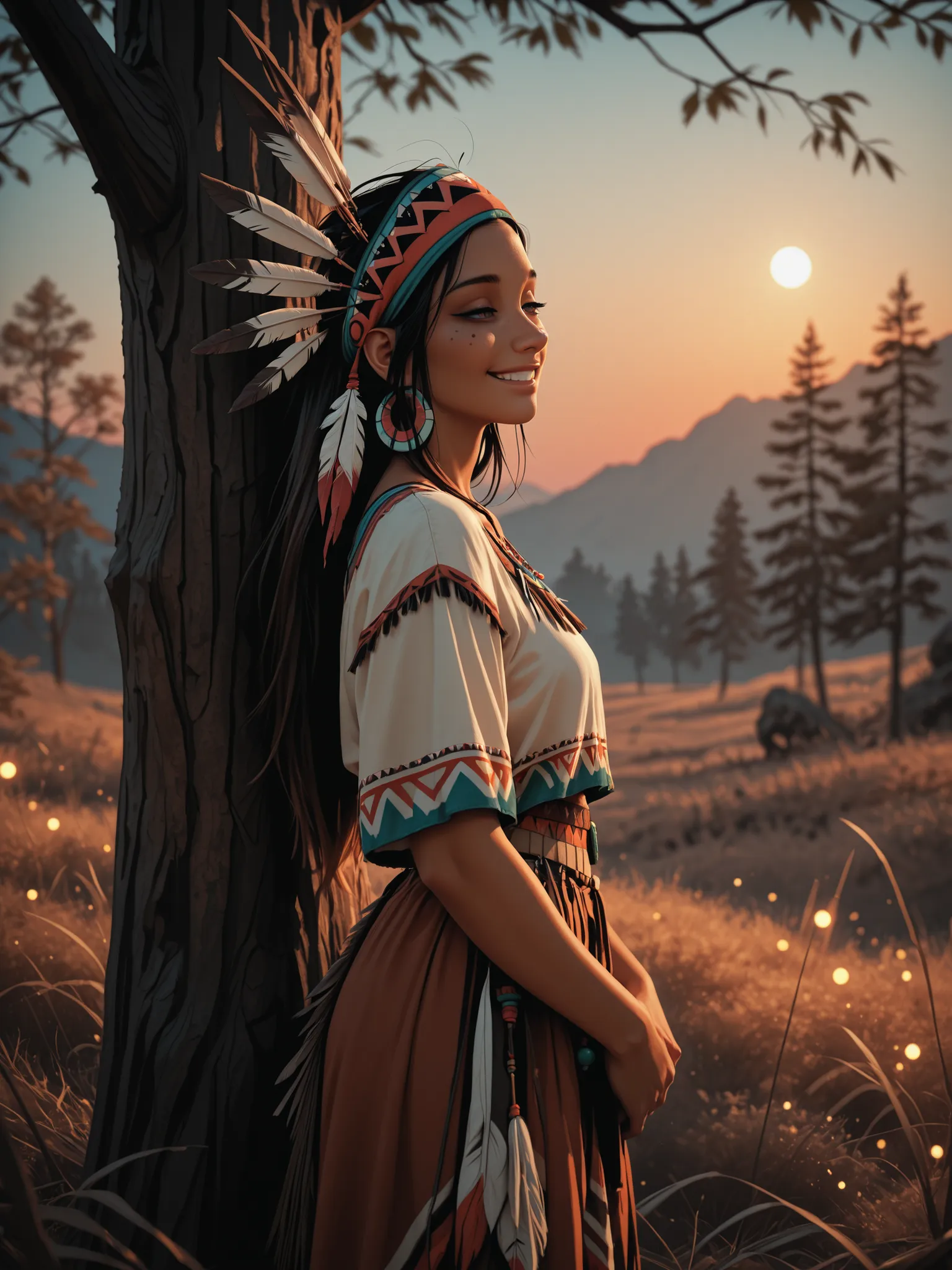 (grainy:0.5), cinematic, girl,native american,fantasy,(solo:1.3), detailed eyes, detailed face, detailed native american clothing , volumetric lighting, dusk, extremely detailed background, standing next to tree, smiling, half closed eyes, tilted head, fr...