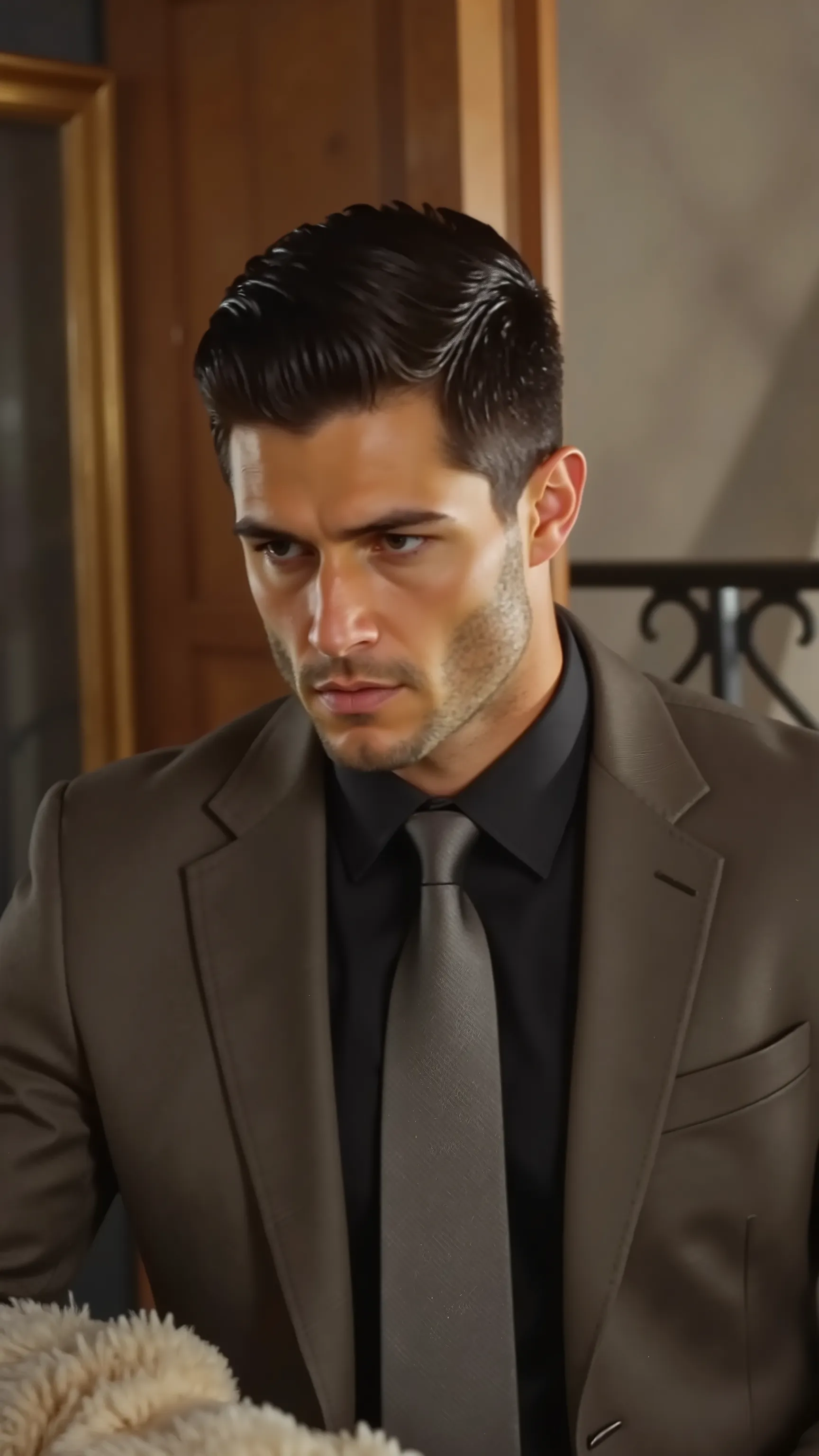 Wes, 28-year-old athletic male with confident posture, black short hair in side-parted pompadour style neatly combed, strong jawline with defined cheekbones, dark thick eyebrows, deep-set brown eyes, short well-groomed stubble beard, wearing fitted black d...