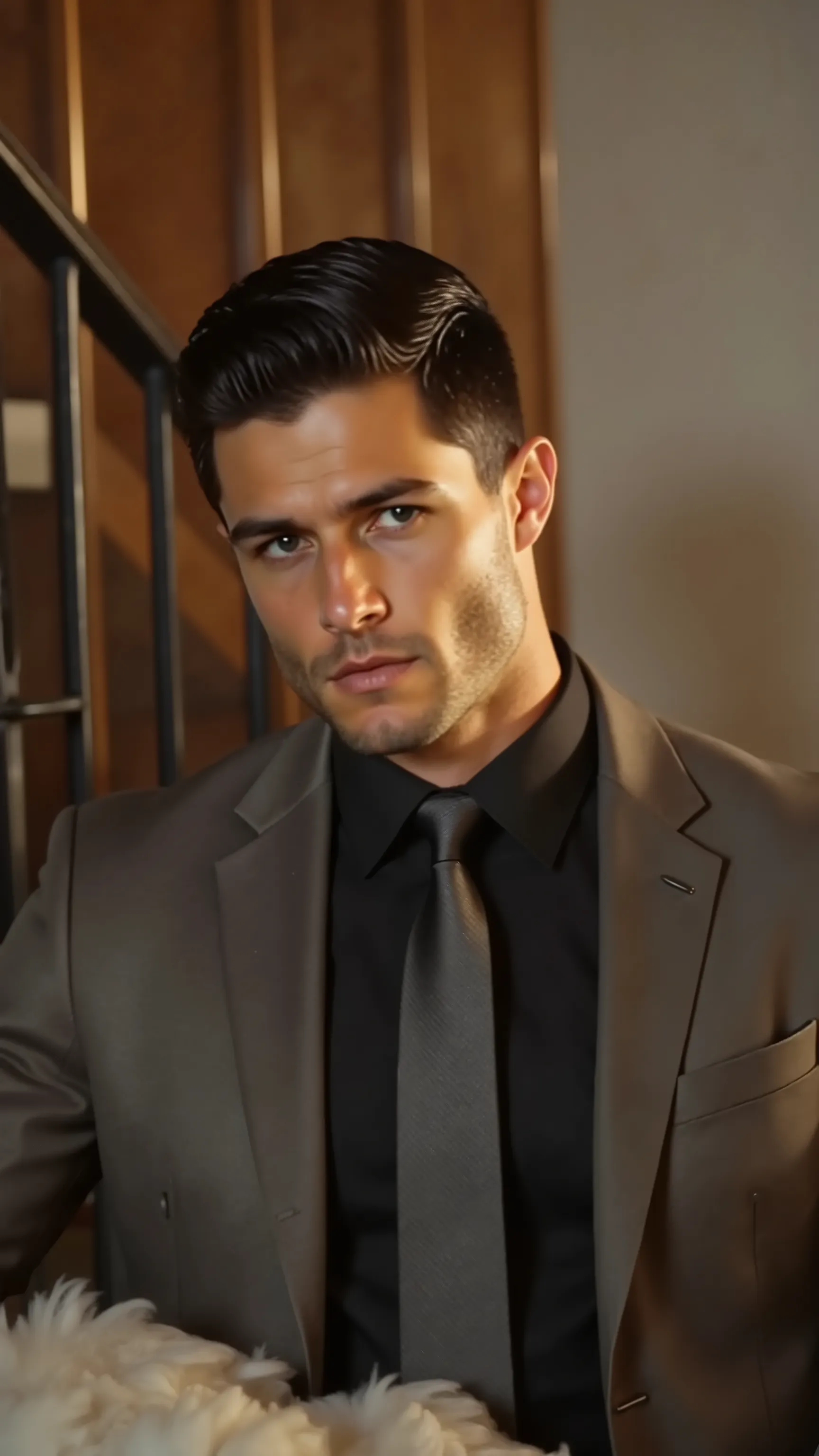 Wes, 28-year-old athletic male with confident posture, black short hair in side-parted pompadour style neatly combed, strong jawline with defined cheekbones, dark thick eyebrows, deep-set brown eyes, short well-groomed stubble beard, wearing fitted black d...