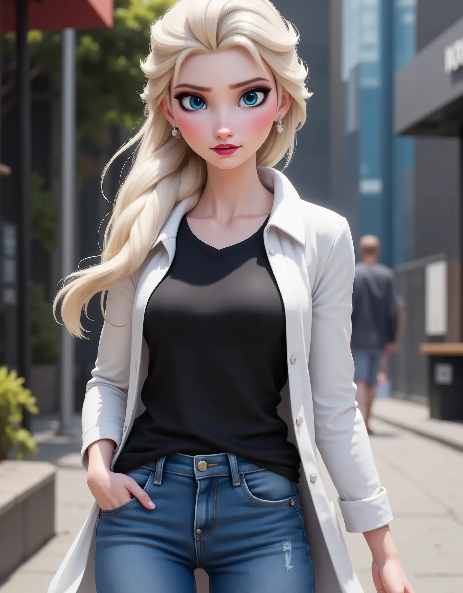 Elsa has a black shirt and white jacket, And she's wearing jeans..Get out