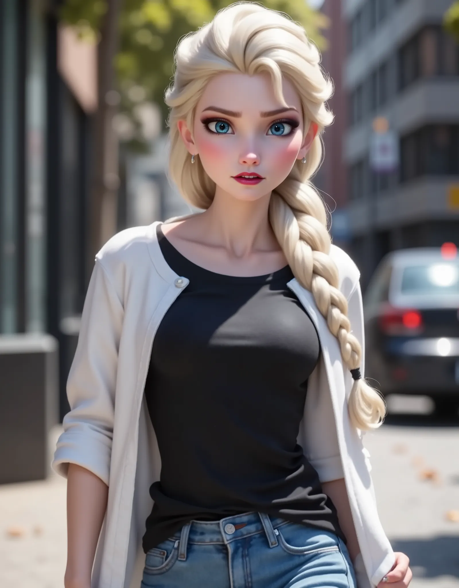 Elsa has a black shirt and white jacket, And she's wearing jeans..Get out