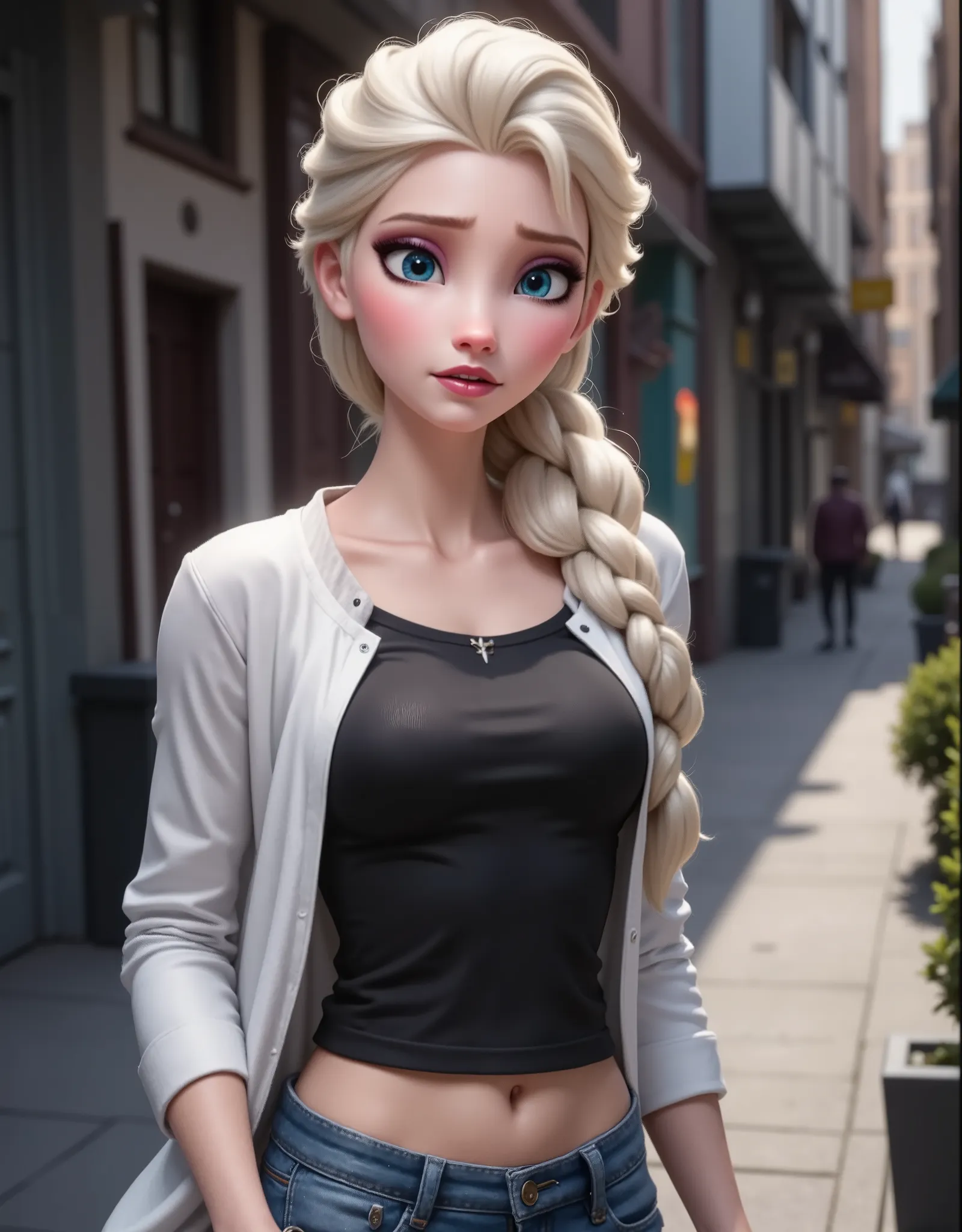 Elsa has a black shirt and white jacket, And she's wearing jeans..Get out