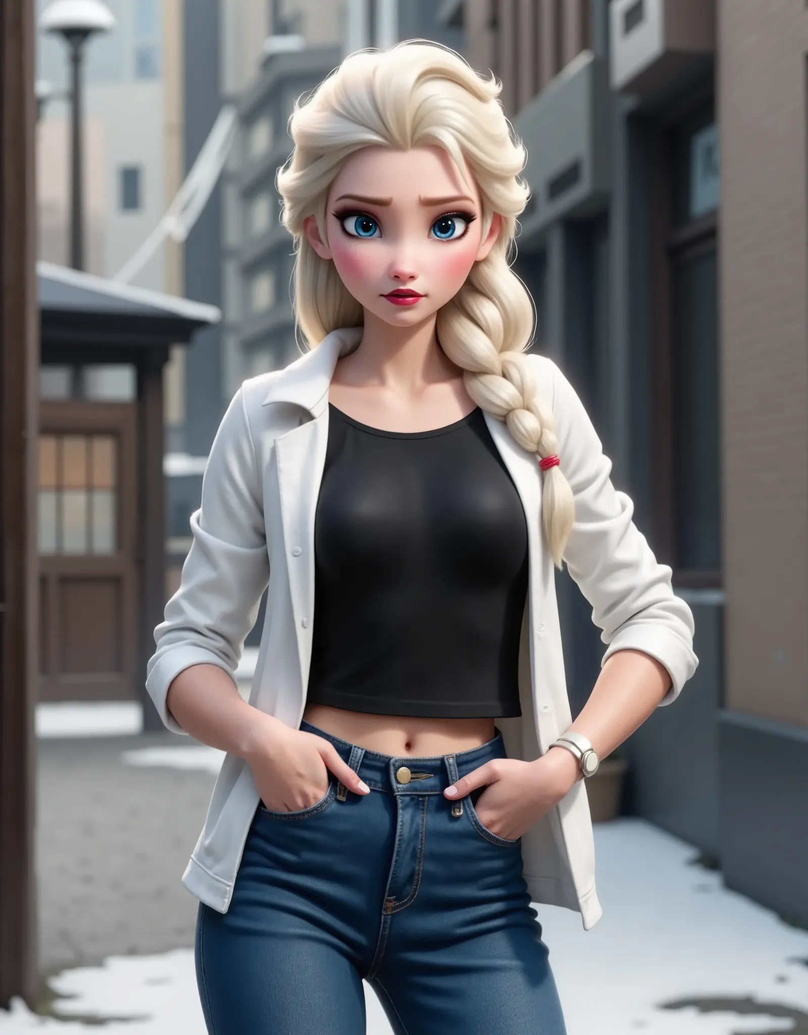 Elsa has a black shirt and white jacket, And she's wearing jeans..Get out