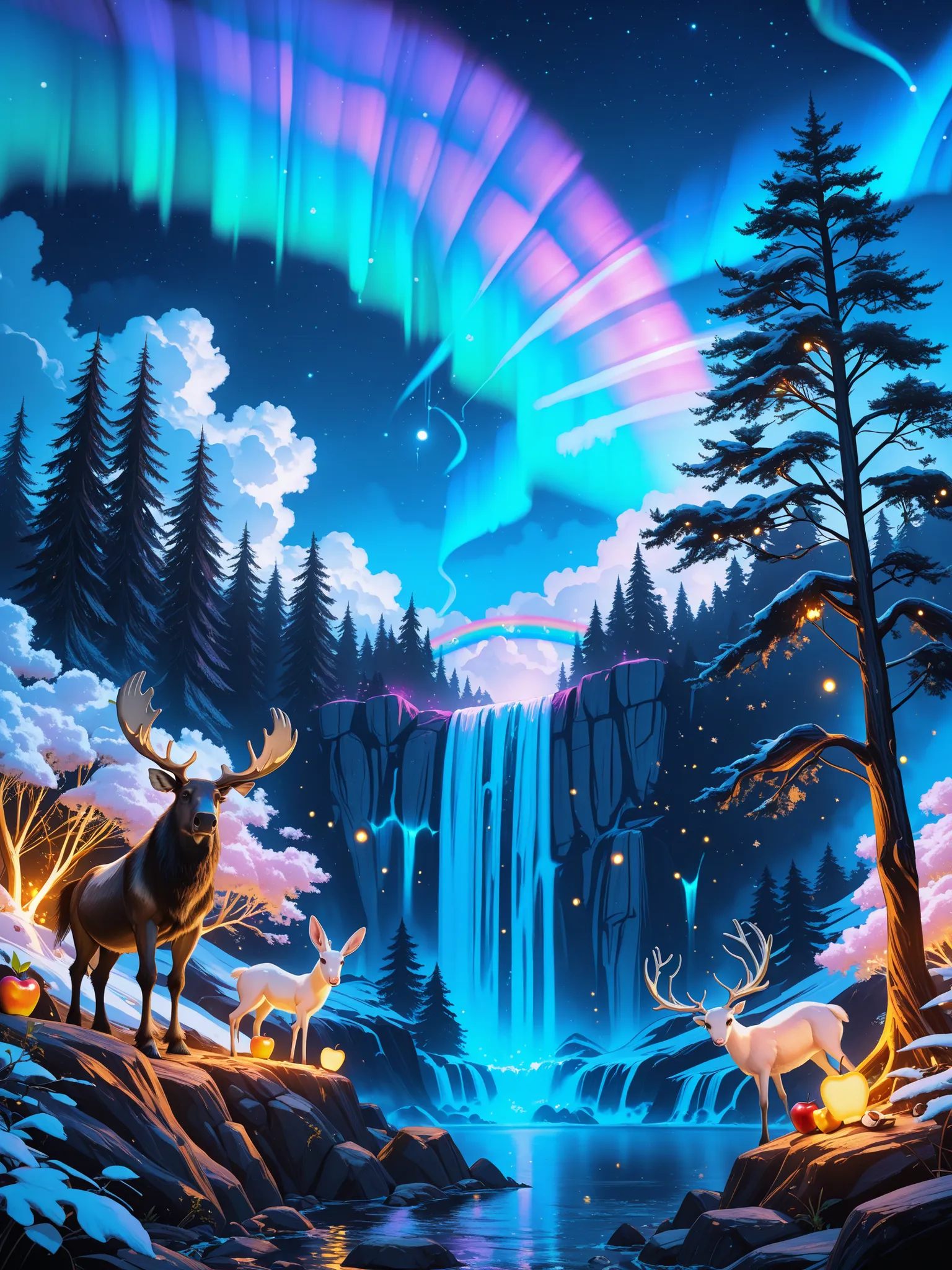 masterpiece, best quality, high quality, cg, 8k, scenery, night, sky, clouds, no man ,lush forest, beautiful waterfall, rainbow, fantasy image, firefly, moonlight, aurora, tree, black snake on tree, apple herd, moose, albino deer, white rabbit,