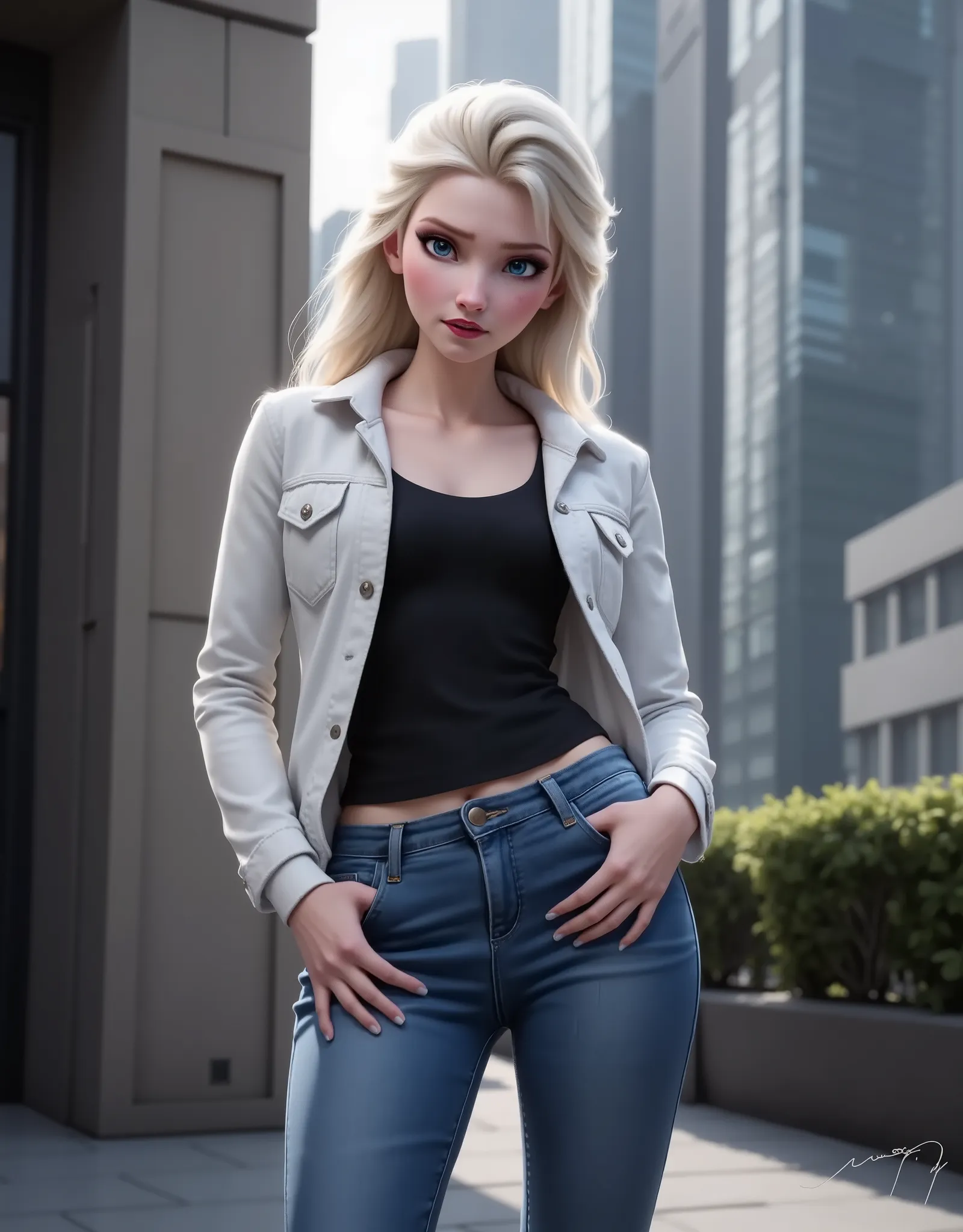 Elsa has a black shirt and white jacket, And she's wearing jeans..Get out