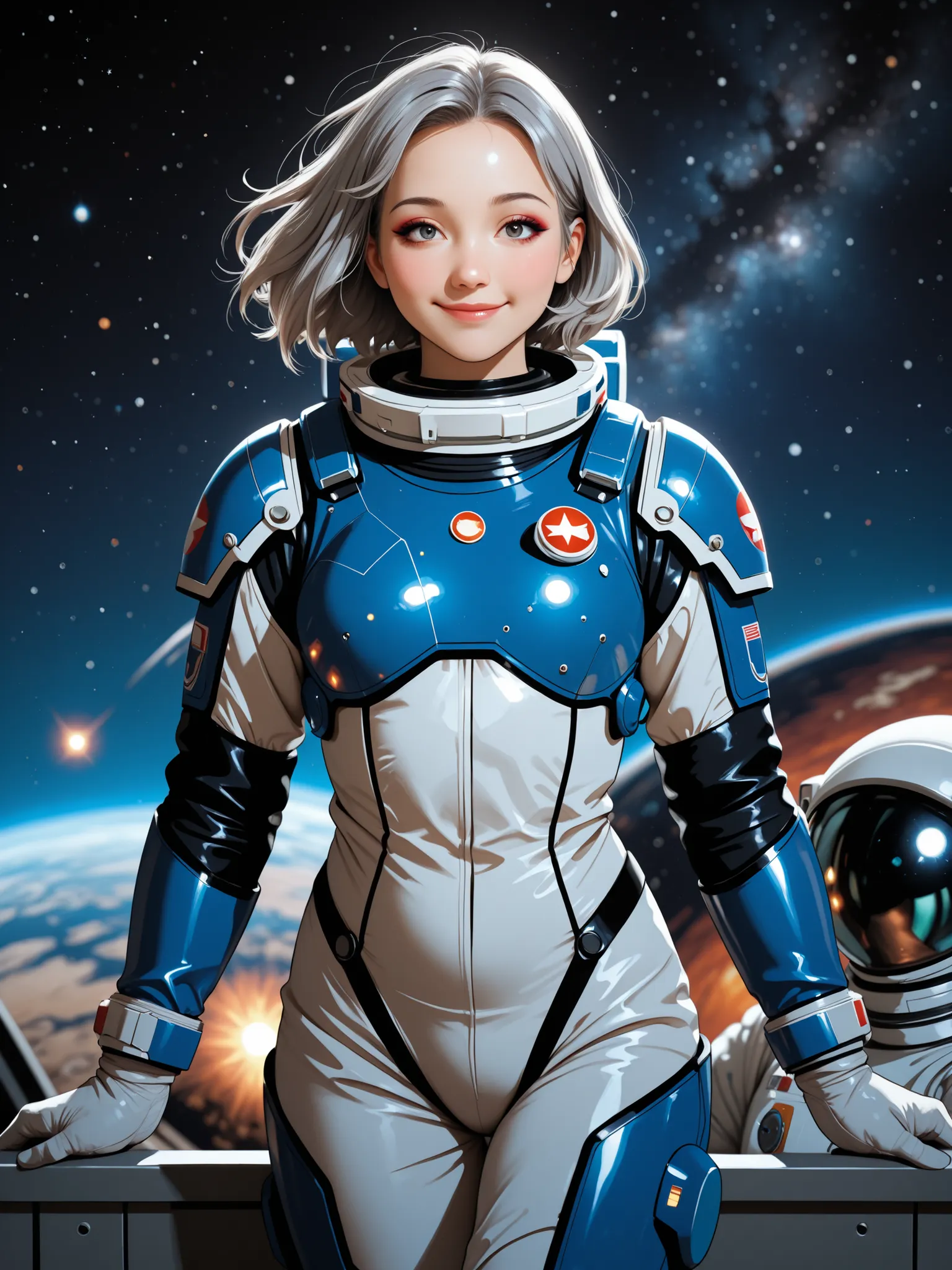 Best Quality, Ultra High Resolution, (Realism: 1.4), Depth of Field, Beautiful Face, (PureErosFace_V1: 0.8), Halfbody, | | 1girl, medium chest, (gray hair: 1.3), innocent smile, natural makeup, | | | Model pose, | | (Spacesuit: 1.3), (Blue Armor: 1.3), Exq...