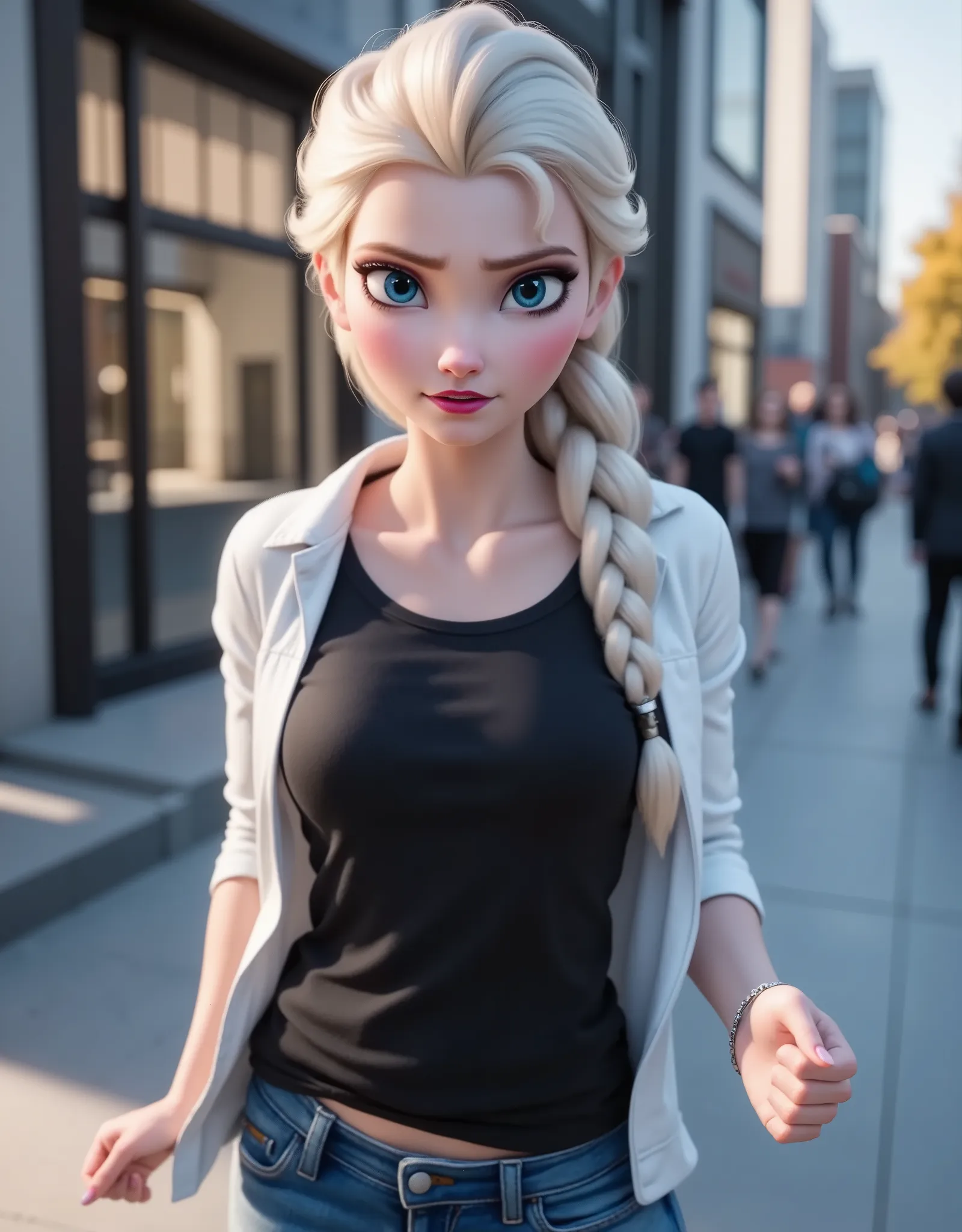 Elsa has a black shirt and white jacket, And she's wearing jeans..Get out