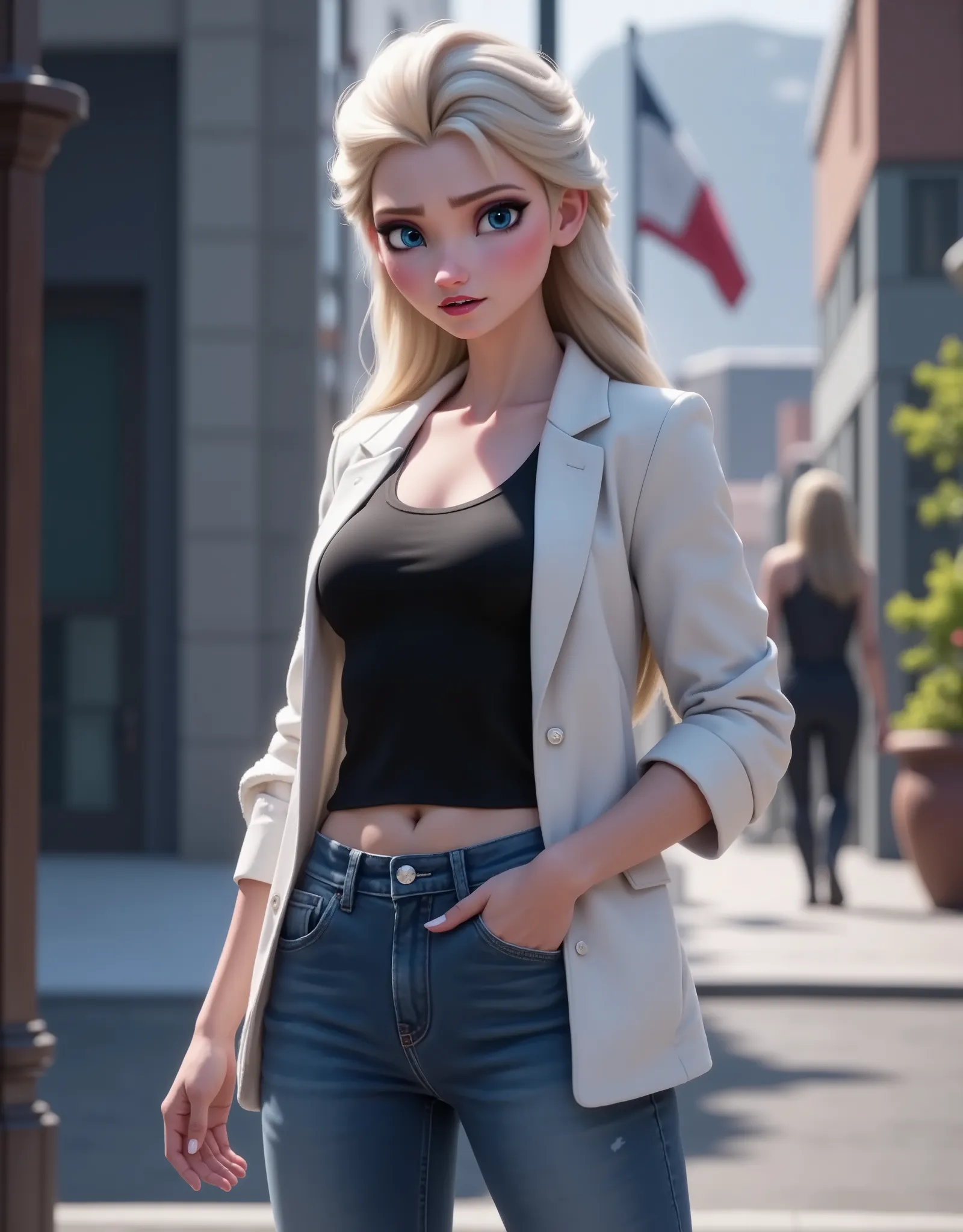 Elsa has a black shirt and white jacket, And she's wearing jeans..Get out