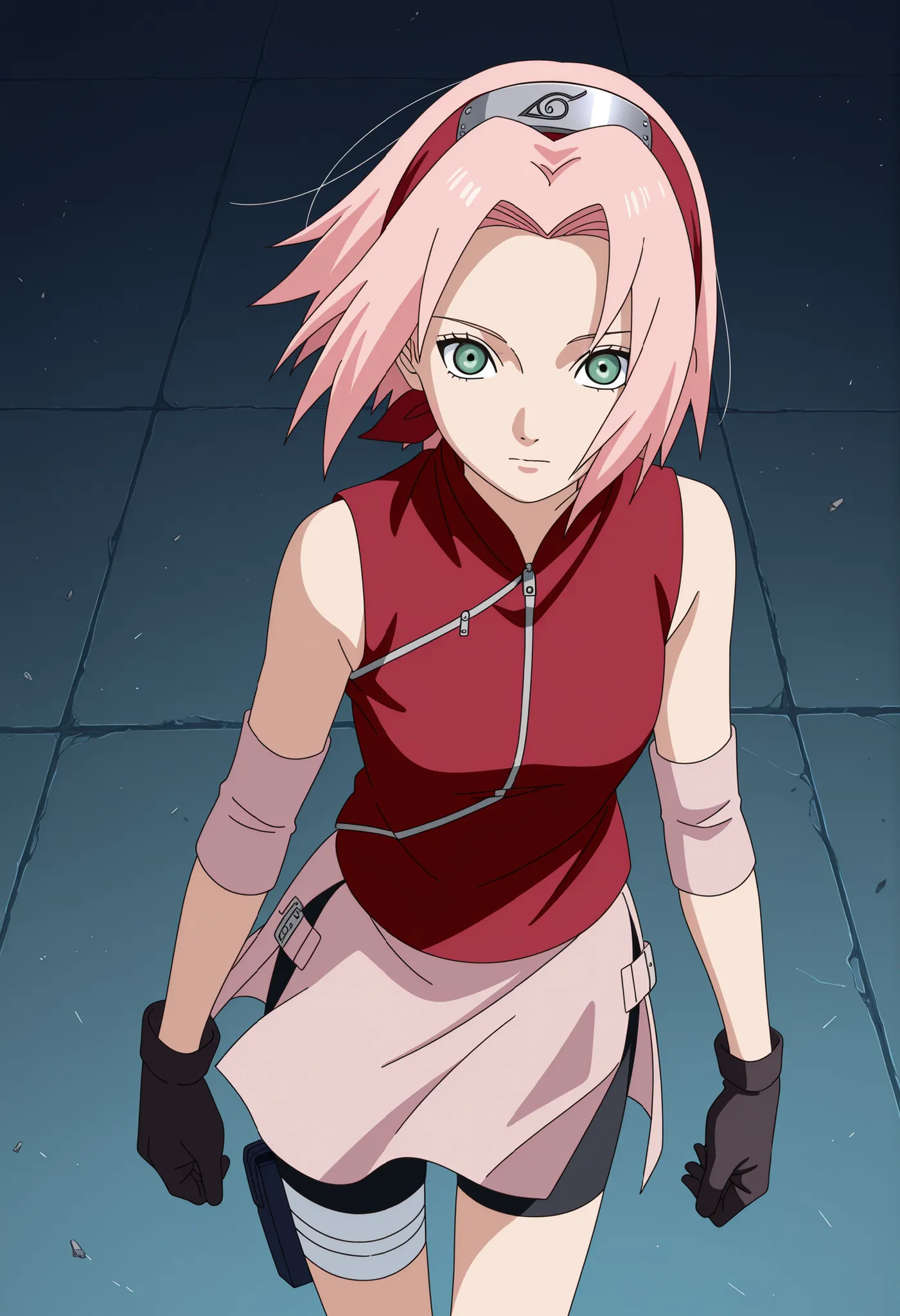 score_9, score_8_up, score_7_up, 
harunosakura, 1girl, pink hair, green eyes, short hair, black gloves, elbow pads, sleeveless shirt, looking at viewer, pink skirt, forehead protector, bandaged leg, black shorts, konohagakure symbol, red shirt, haruno saku...