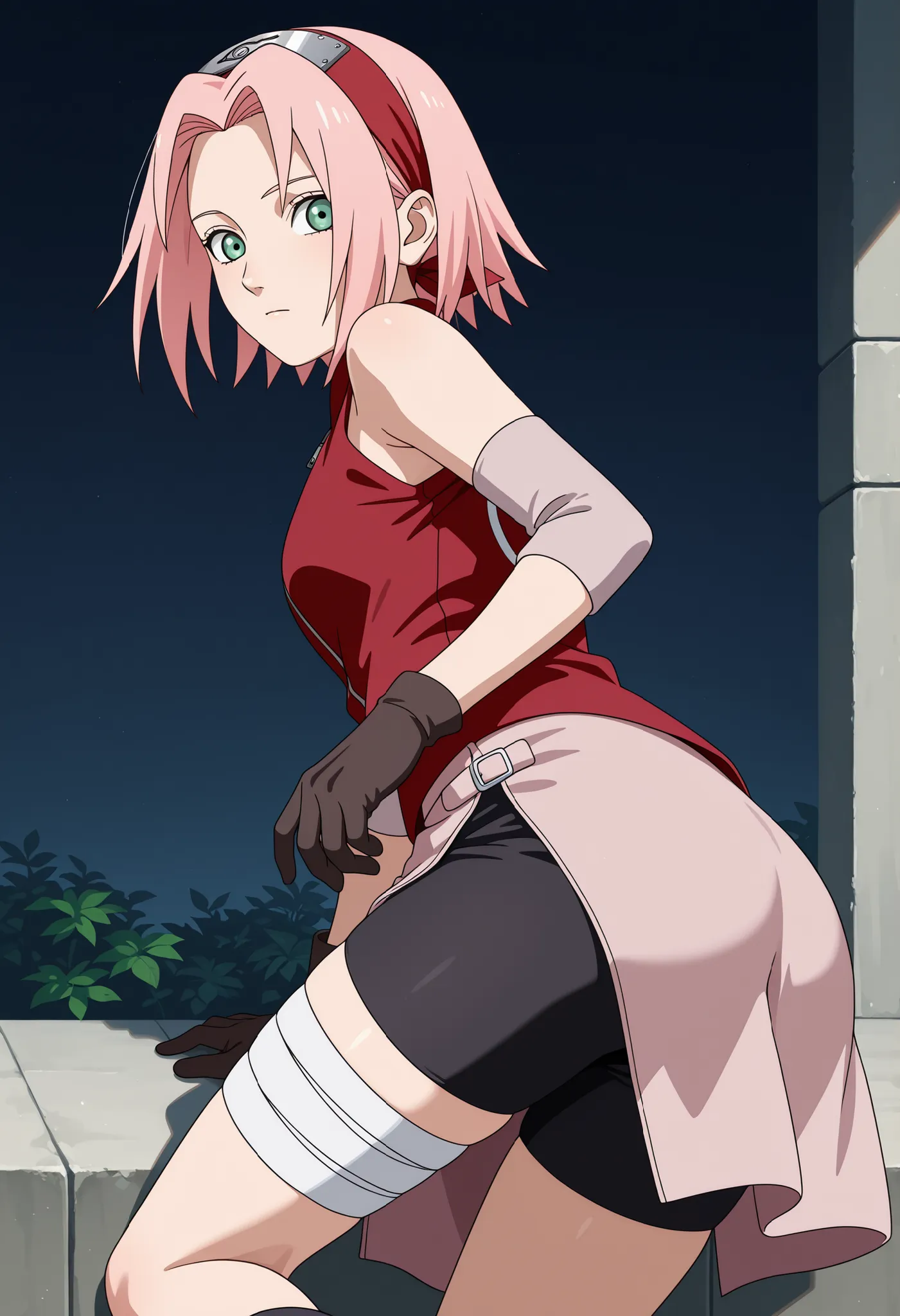 score_9, score_8_up, score_7_up, 
harunosakura, 1girl, pink hair, green eyes, short hair, black gloves, elbow pads, sleeveless shirt, looking at viewer, pink skirt, forehead protector, bandaged leg, black shorts, konohagakure symbol, red shirt, haruno saku...