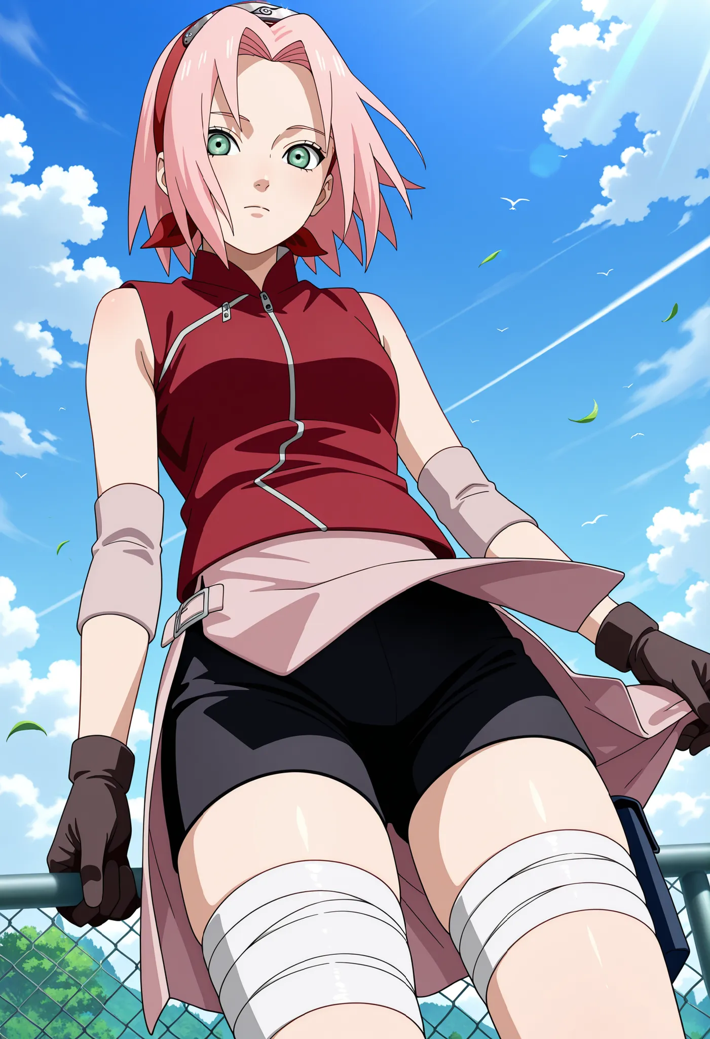 score_9, score_8_up, score_7_up, 
harunosakura, 1girl, pink hair, green eyes, short hair, black gloves, elbow pads, sleeveless shirt, looking at viewer, pink skirt, forehead protector, bandaged leg, black shorts, konohagakure symbol, red shirt, haruno saku...