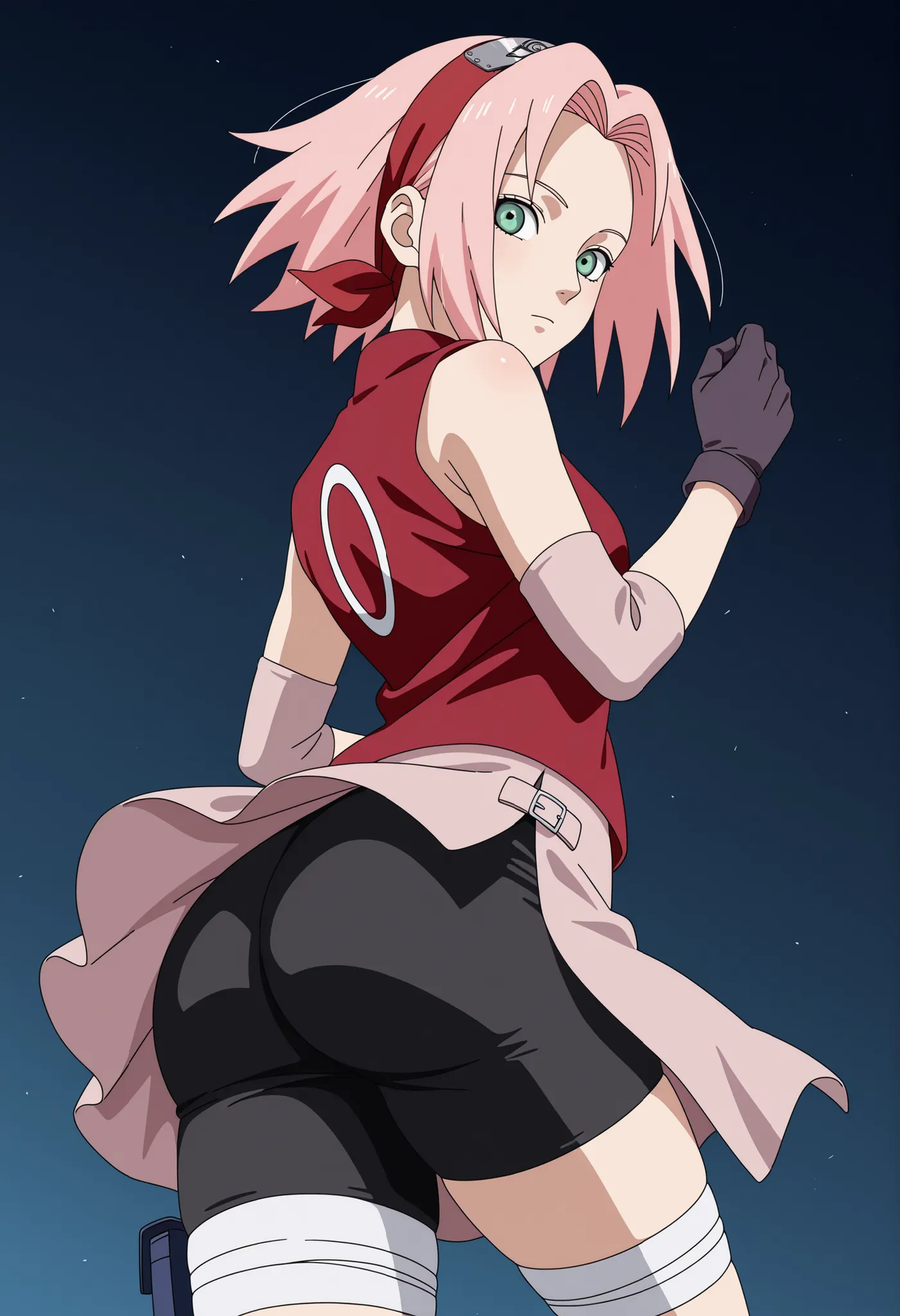score_9, score_8_up, score_7_up, 
harunosakura, 1girl, pink hair, green eyes, short hair, black gloves, elbow pads, sleeveless shirt, looking at viewer, pink skirt, forehead protector, bandaged leg, black shorts, konohagakure symbol, red shirt, haruno saku...