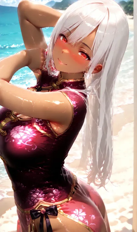 1 girl, alone, high resolution, masterpiece, best quality, detailed CG, detailed face, detailed skin, long breasts, tanned (dark skin: 1.2), red eyes, slightly glowing eyes, white hair, long hair, straight hair, uneven bangs, blushing, smile, shiny ,kokoro...