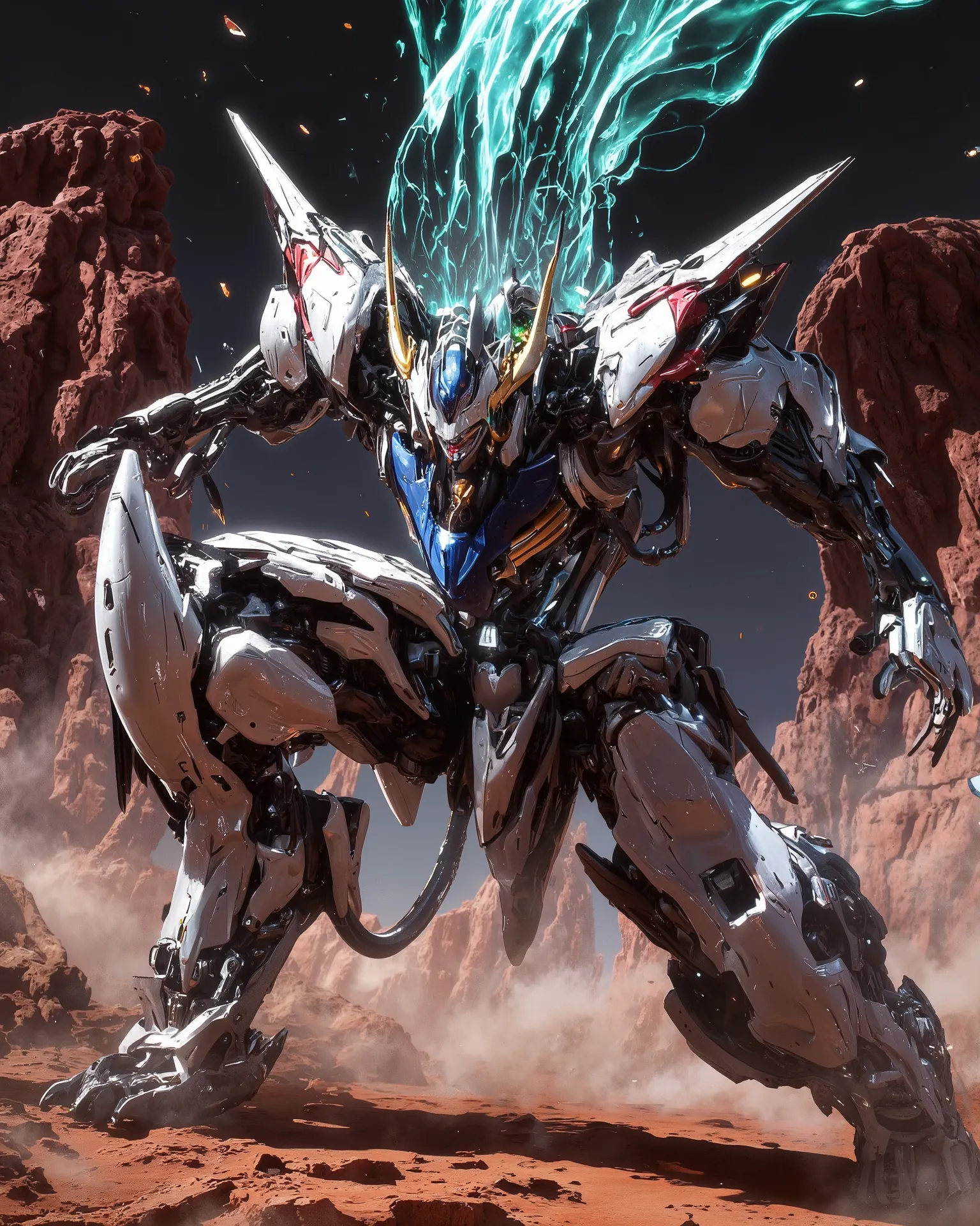 Hyperrealism, photographic, of an action scene with a dynamic angle shot, using Mech01, mecha, SCI_FACTOR_CORE. Gundam_Barbatos, B4RBAT0S, on a Martian battlefield, red sand, red canyons. Mobile Suit Barbatos is collecting energy for a final attack, lots o...