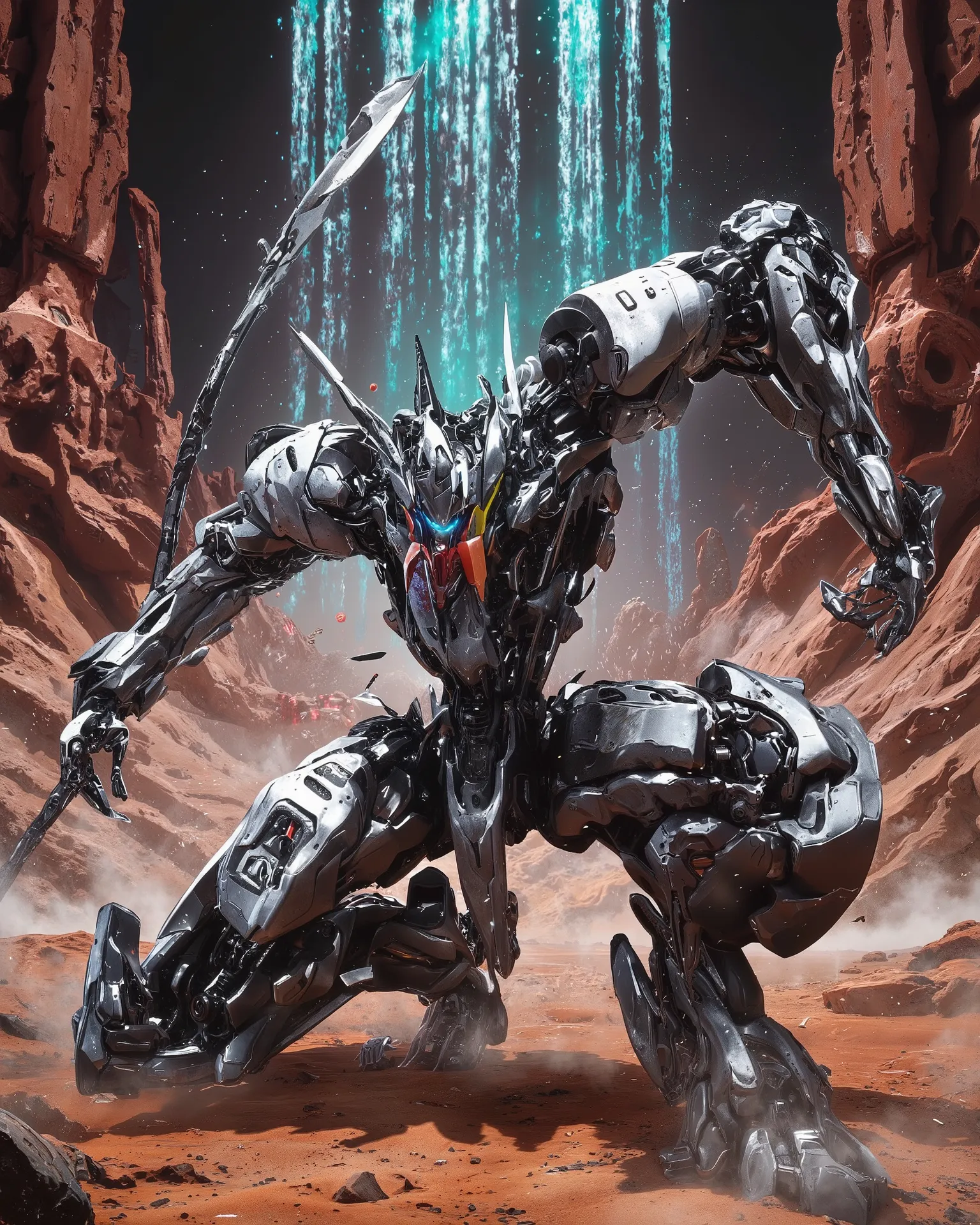 Hyperrealism, photographic, of an action scene with a dynamic angle shot, using Mech01, mecha, SCI_FACTOR_CORE. Gundam_Barbatos, B4RBAT0S, on a Martian battlefield, red sand, red canyons. Mobile Suit Barbatos is collecting energy for a final attack, lots o...