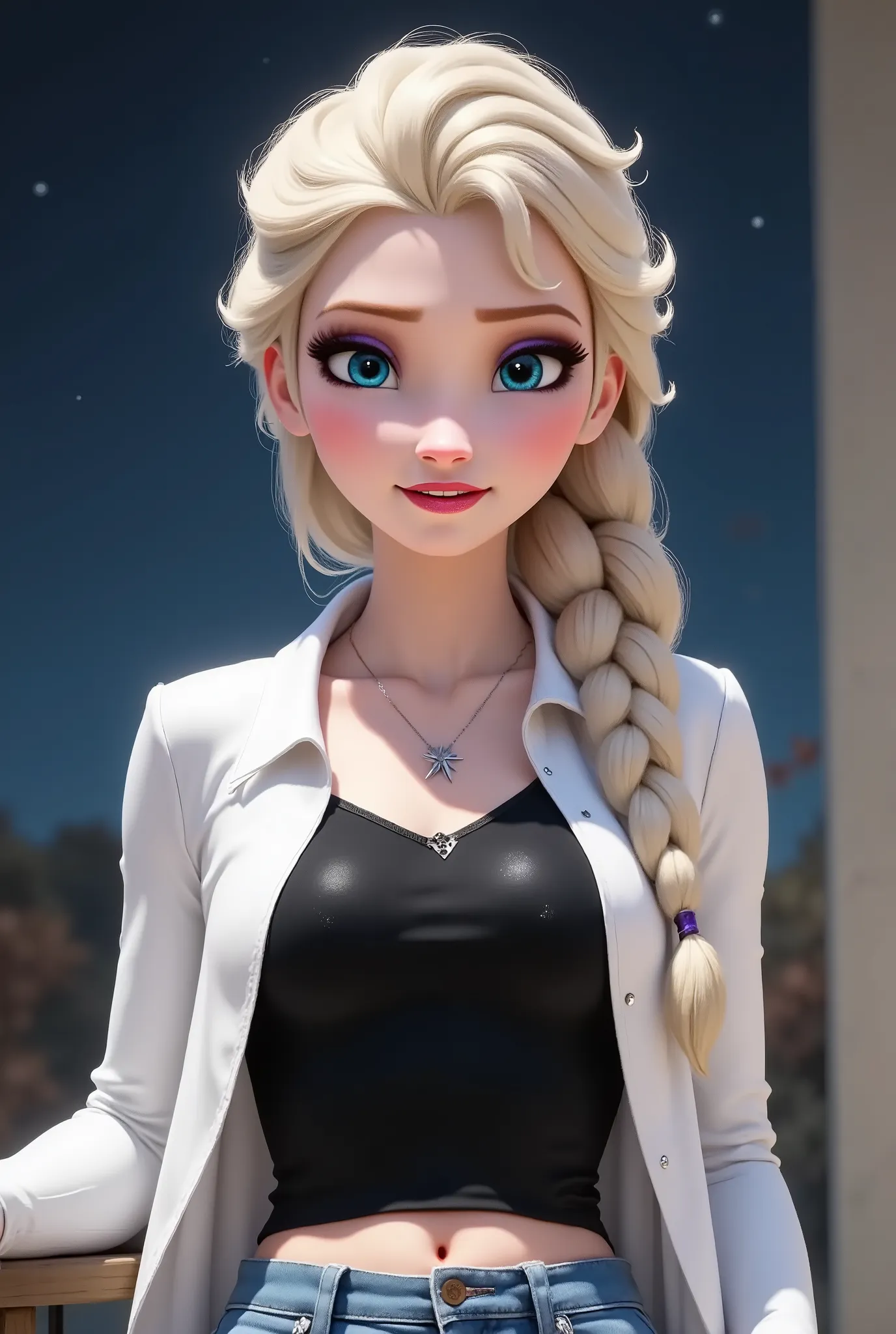 Elsa has a black shirt and white jacket, And she's wearing jeans..Get out