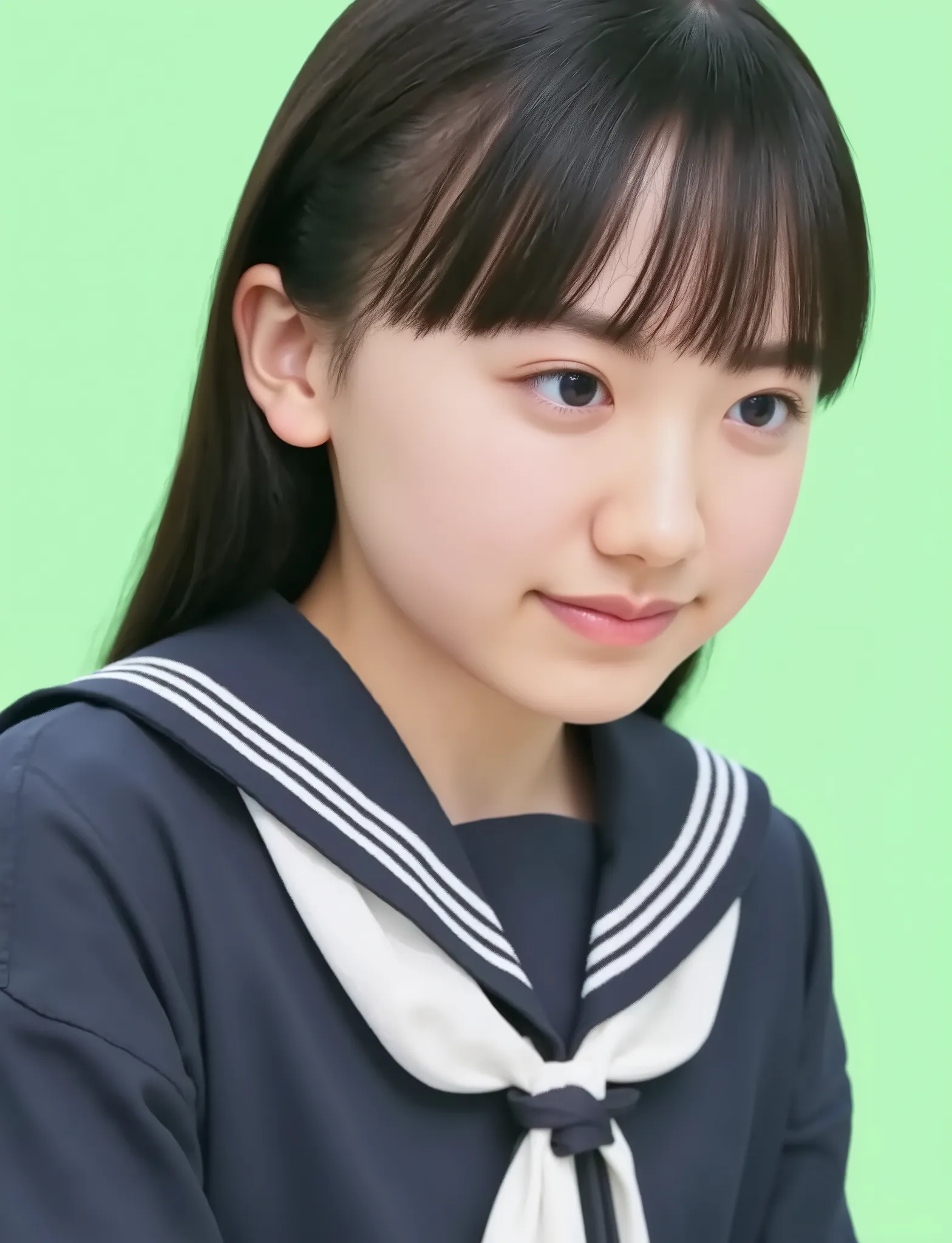 (((black hair:1.4))), long hair, bangs, elementary school student, wearing sailor suit, dark blue, Long sleeve , upper body, small eyes, make up, ((smiling:1.2)), (teeth:1.2), NSFW, (((looking down:1.4)))