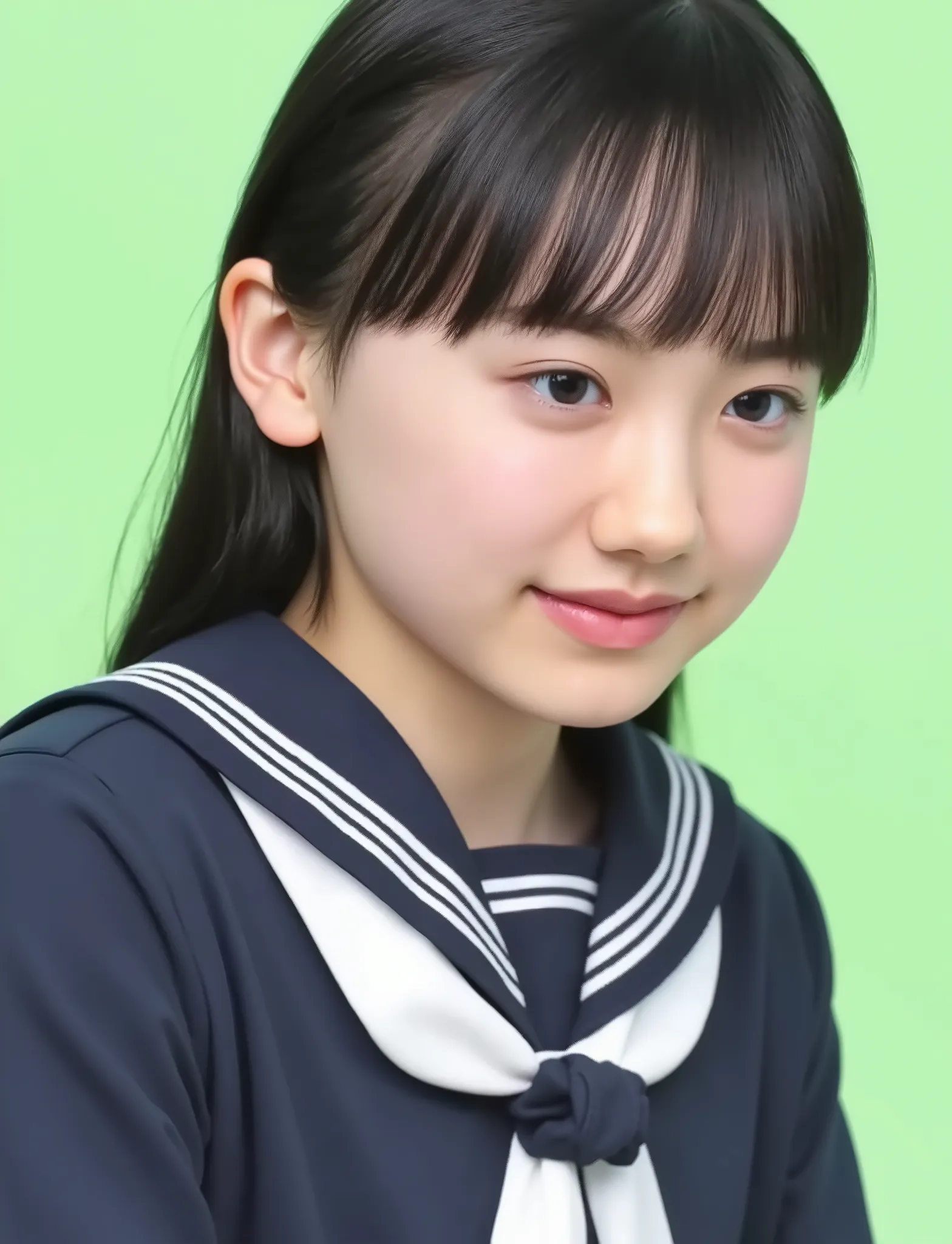 (((black hair:1.4))), long hair, bangs, elementary school student, wearing sailor suit, dark blue, Long sleeve , upper body, small eyes, make up, ((smiling:1.2)), (teeth:1.2), NSFW, (((looking down:1.4)))