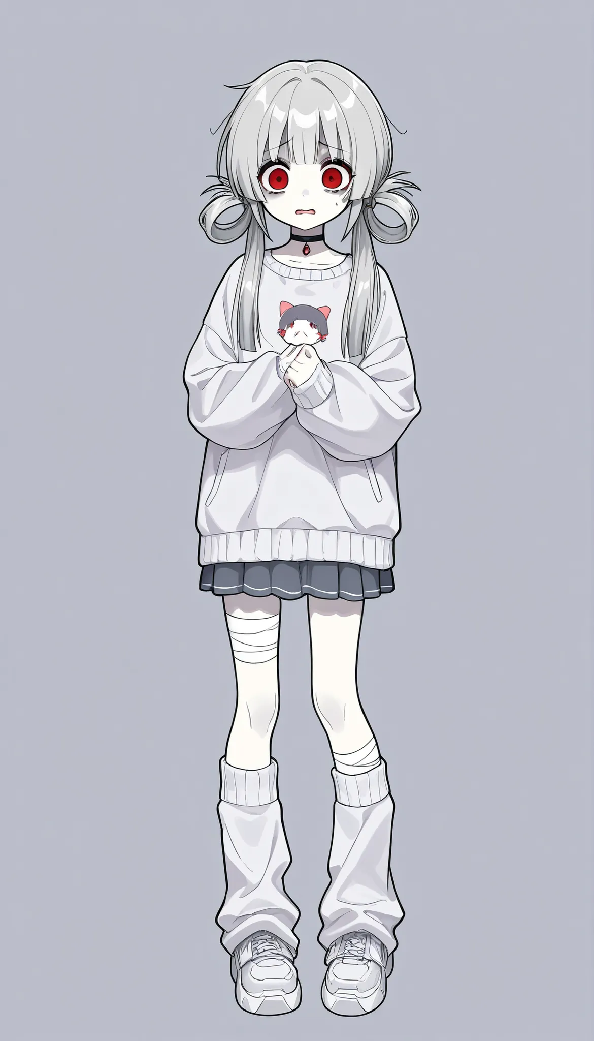 (((Highest Quality))), (Simple background), 1girl, scared expression, pale skin, full body, standing, red eyes, grey hair, straight hair, hair rings, low twintails, mizuiro, cozy, bandages, bandaids, choker, skirt