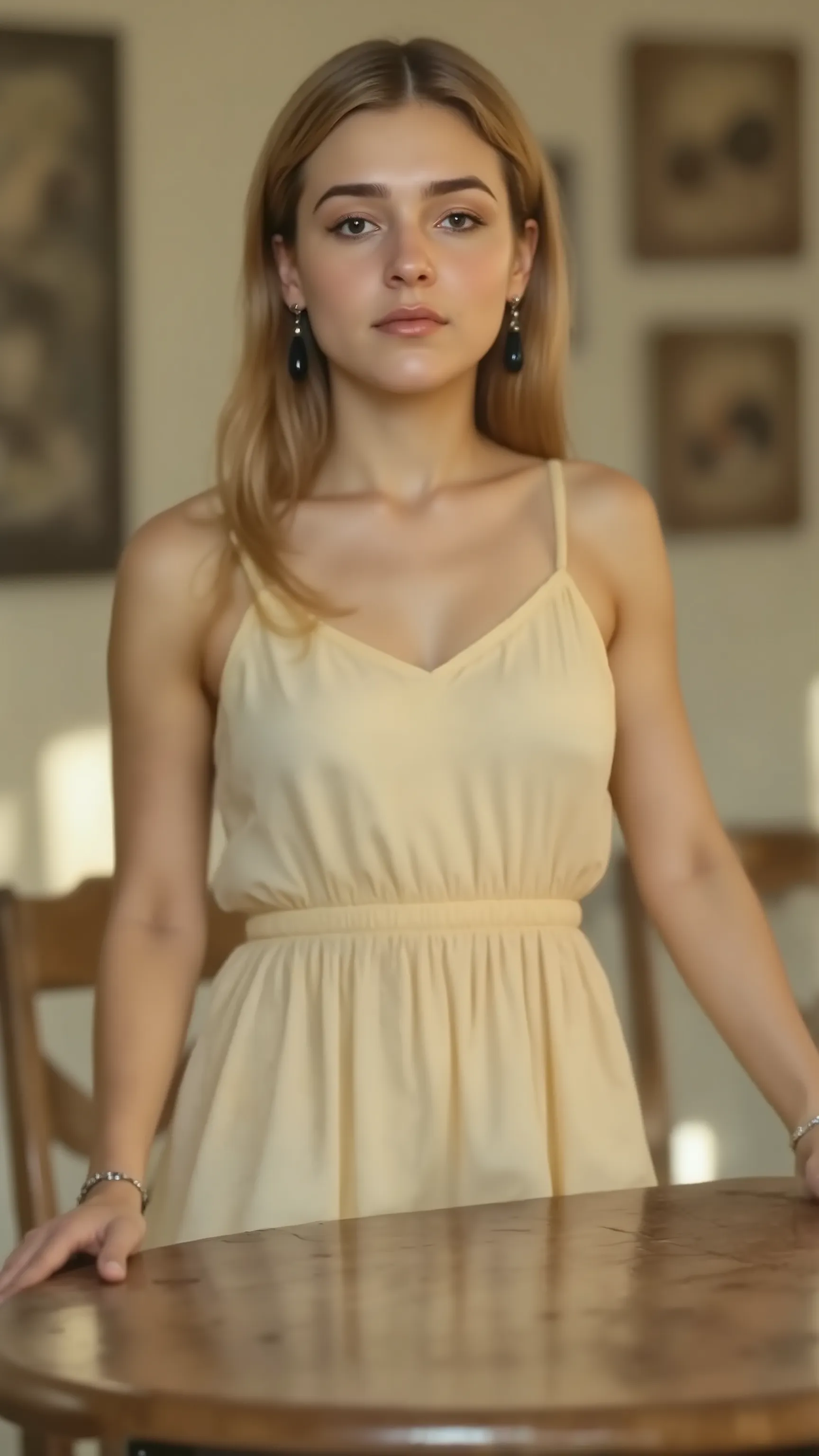 A 25-year-old slender female named Kira with elegant posture, light golden-brown straight shoulder-length hair with center part, oval face with defined cheekbones, medium-sized hazel eyes, natural arch eyebrows, straight nose, and fair skin with warm under...