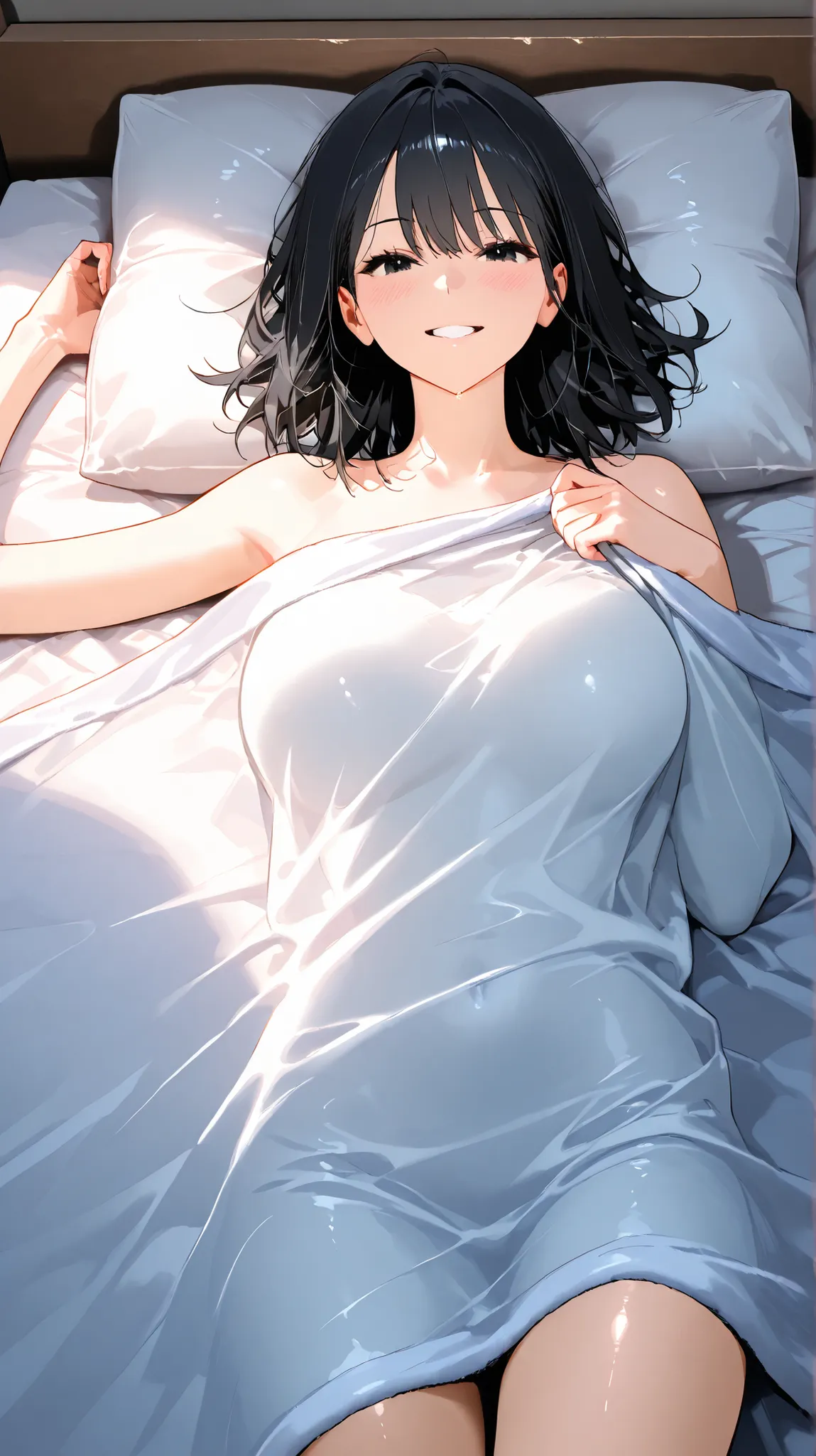 A small, slender 20-year-old East Asian college girl with short black hair and black eyes is lying on her side under the same blanket as the viewer in a dimly lit bedroom at night. She is making gentle eye contact and softly smiling, as if sharing an intim...