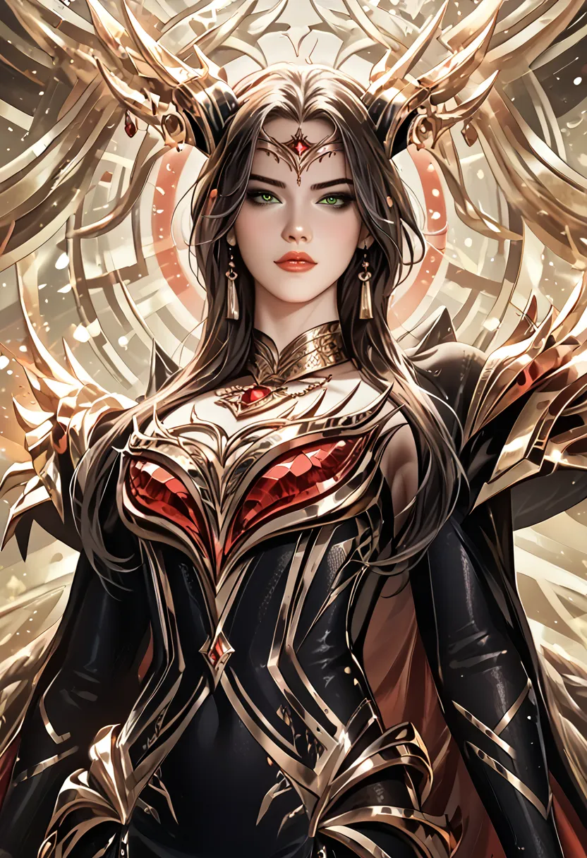 "Create a gender-swapped version of Marvel’s Loki, the God of Mischief. The character should have striking green eyes and dark hair styled in a dramatic, voluminous manner. She is wearing an intricate armor-like outfit in shades of green, gold, and black, ...