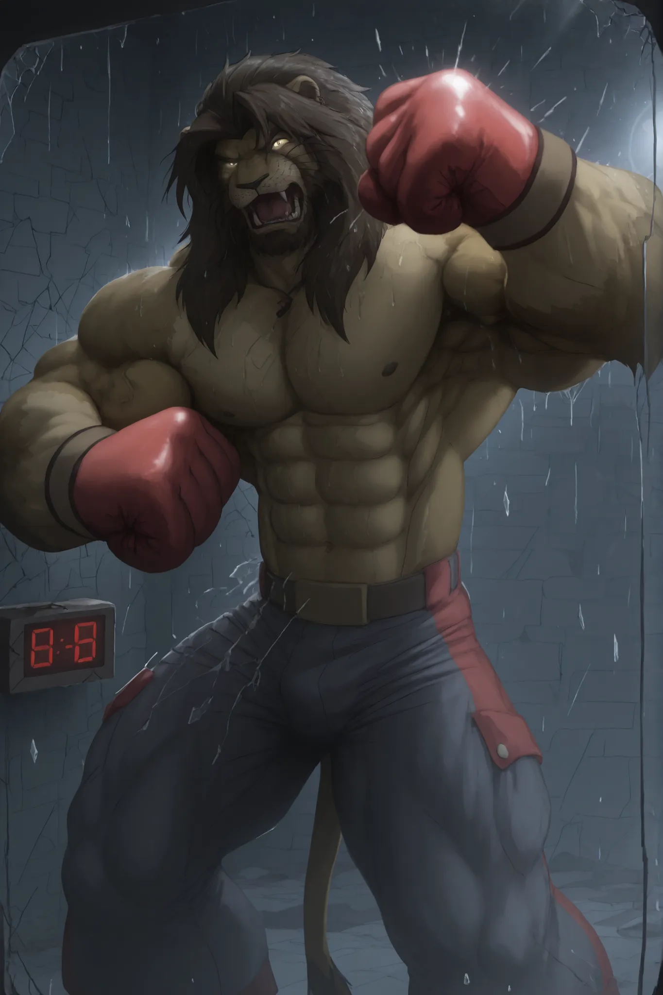 A massive, hyper-muscular anthropomorphic lion warrior (inspired by Sett from League of Legends), wearing red boxing gloves and torn fighter pants, is mid-roar as he smashes through a glass screen toward the viewer. One powerful fist is extended fully forw...