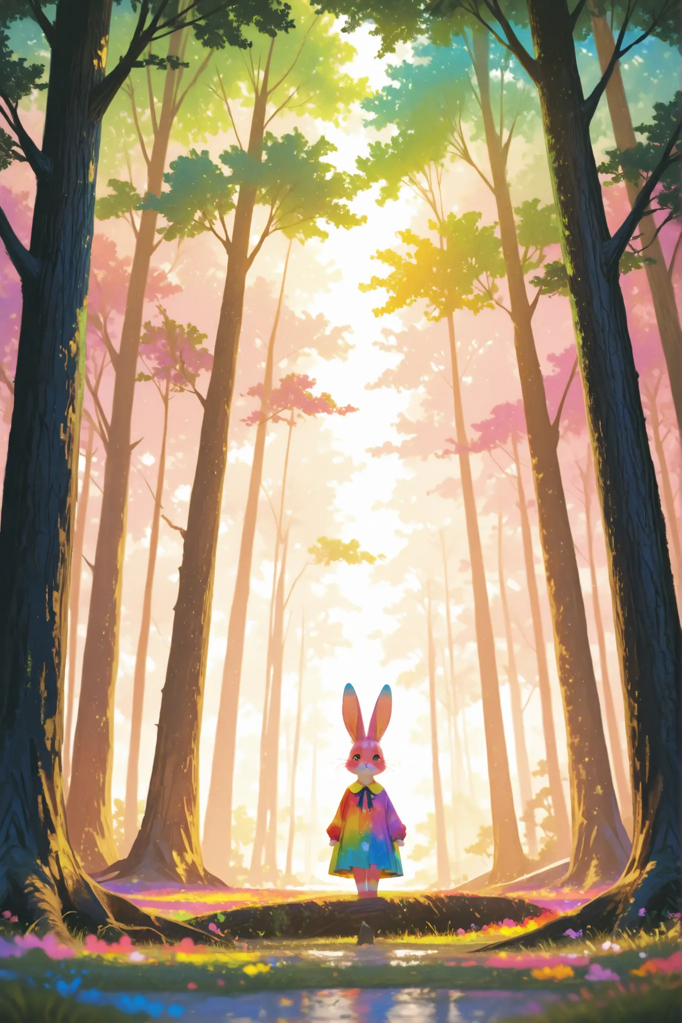 A shy rabbit with big ears(animal rabbit),Colorful fur,standing under a very large tree,The Sun Shines,The surrounding scenery is dreamy,HD,4K,is super exquisite,Realism,Professional grade ,vivid and realistic,Excellent color,Depth Blur