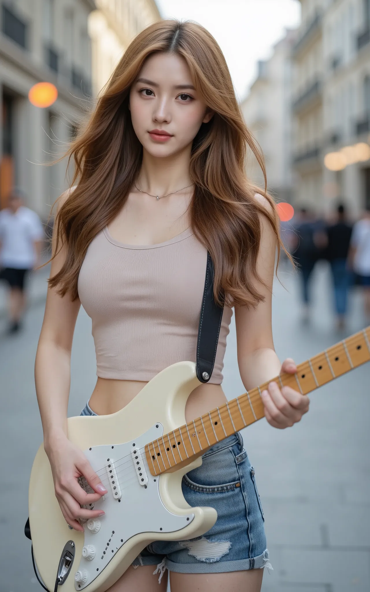 A white-skinned woman with long wave bright bronde hair and, wearing a fitted mash round crop top and short jean. she has big brast. She is standing confidently in a European street, playing a white electric guitar. In the background, distant pedestrians a...