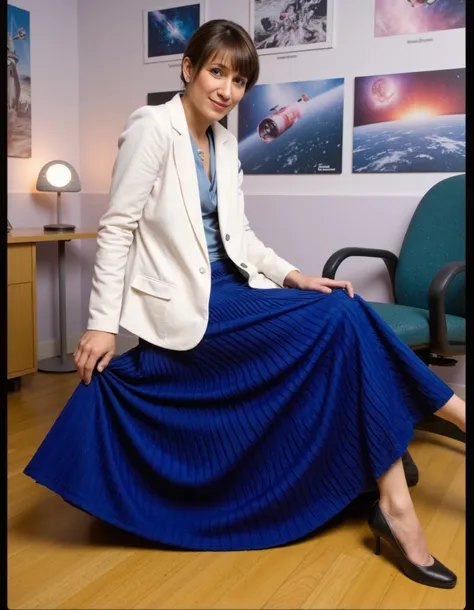 A stunning portrait captures my mother's mature beauty as she sits confidently on top of her desk, daringly spreading her legs amidst a vibrant space station backdrop featuring galaxies and spaceships. Her long pleated skirt flows around her, juxtaposing ...