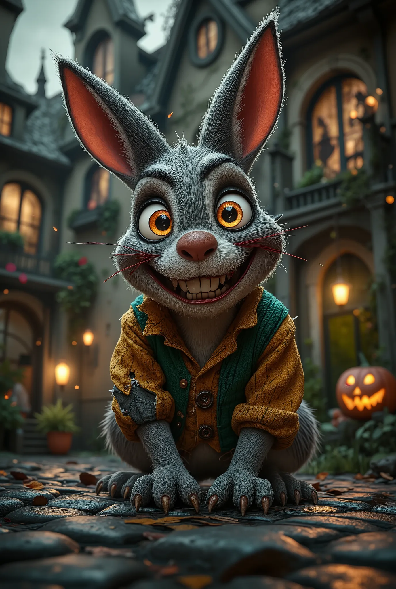 A tiptoeing, sly, slightly cartoon rabbit is a villain in the style of a dark ren's horror.It looks like an old spoiled plush toy. Big pointed ears, one ear torn off, hanging by threads, the other sewn on a button, squinting glowing yellow eyes with vertic...