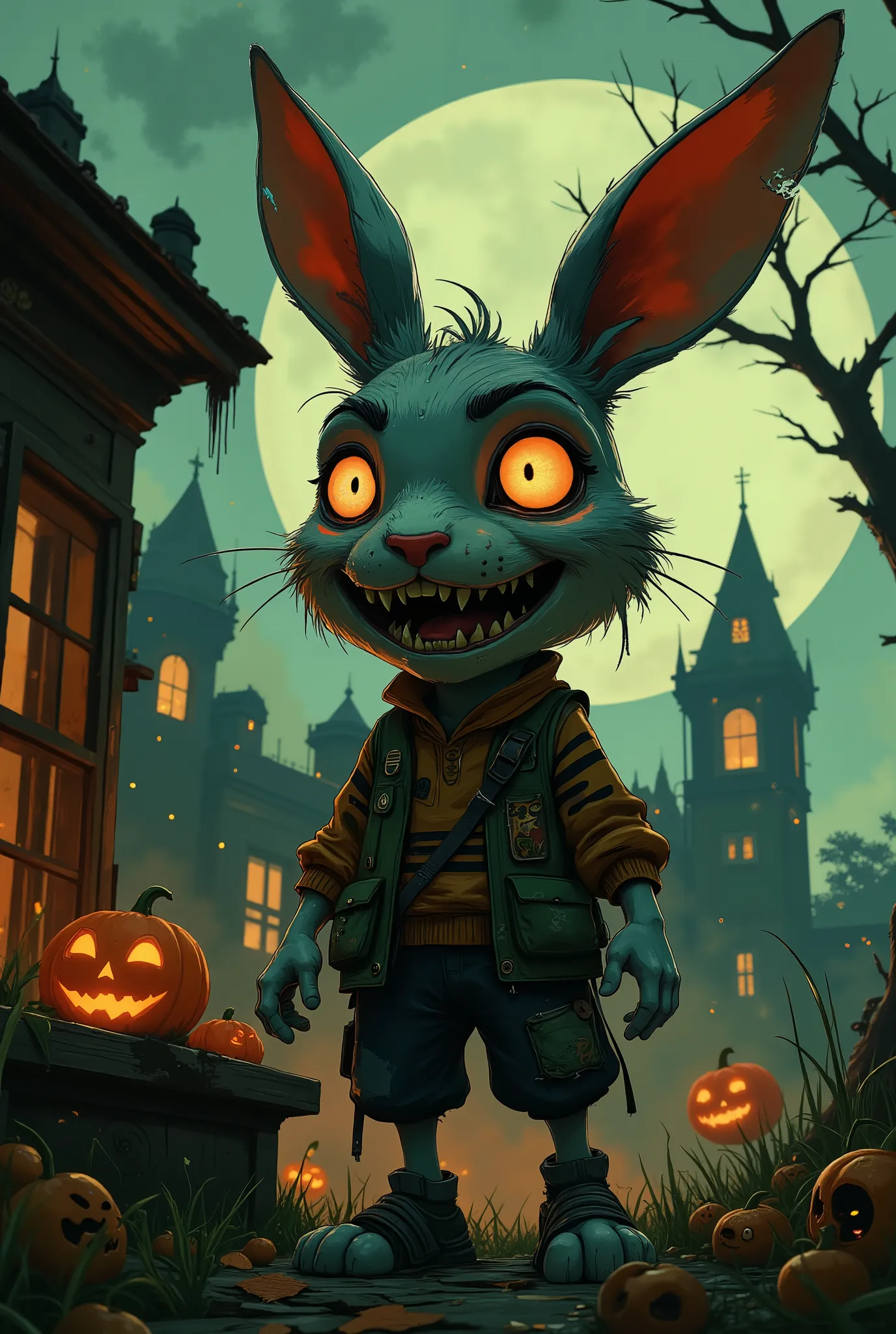 A tiptoeing, sly, slightly cartoon rabbit is a villain in the style of a dark ren's horror.It looks like an old spoiled plush toy. Big pointed ears, one ear torn off, hanging by threads, the other sewn on a button, squinting glowing yellow eyes with vertic...