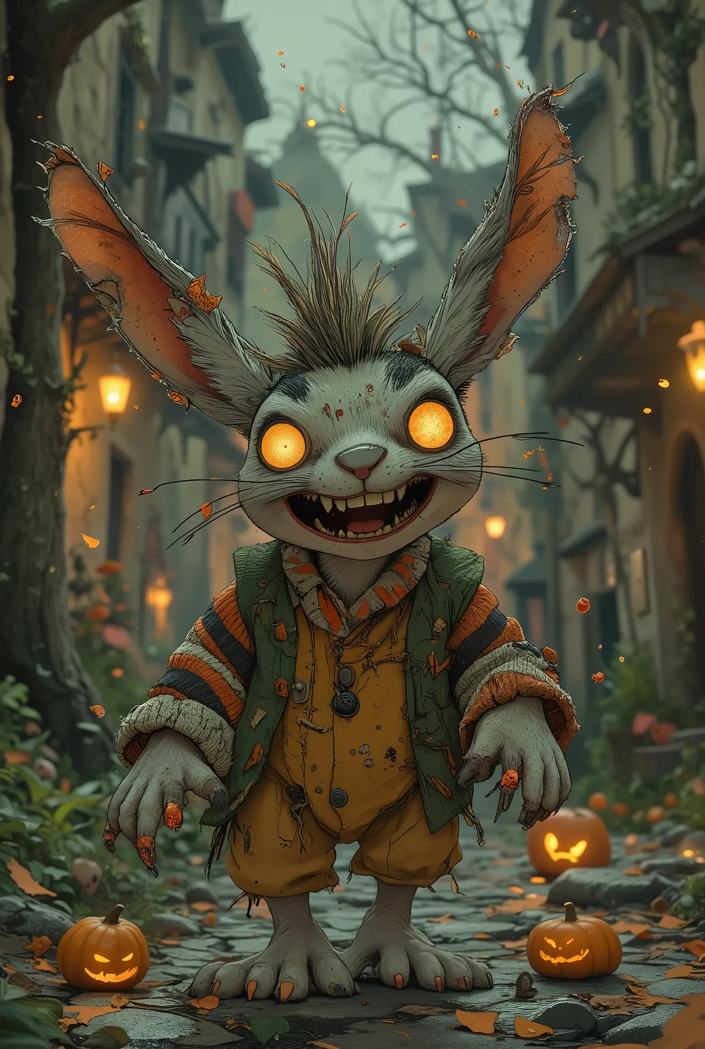 A tiptoeing, sly, slightly cartoon rabbit is a villain in the style of a dark ren's horror.It looks like an old spoiled plush toy. One ear is torn off, hanging by threads, the other is sewn onto a button, squinting glowing yellow eyes with vertical red pup...