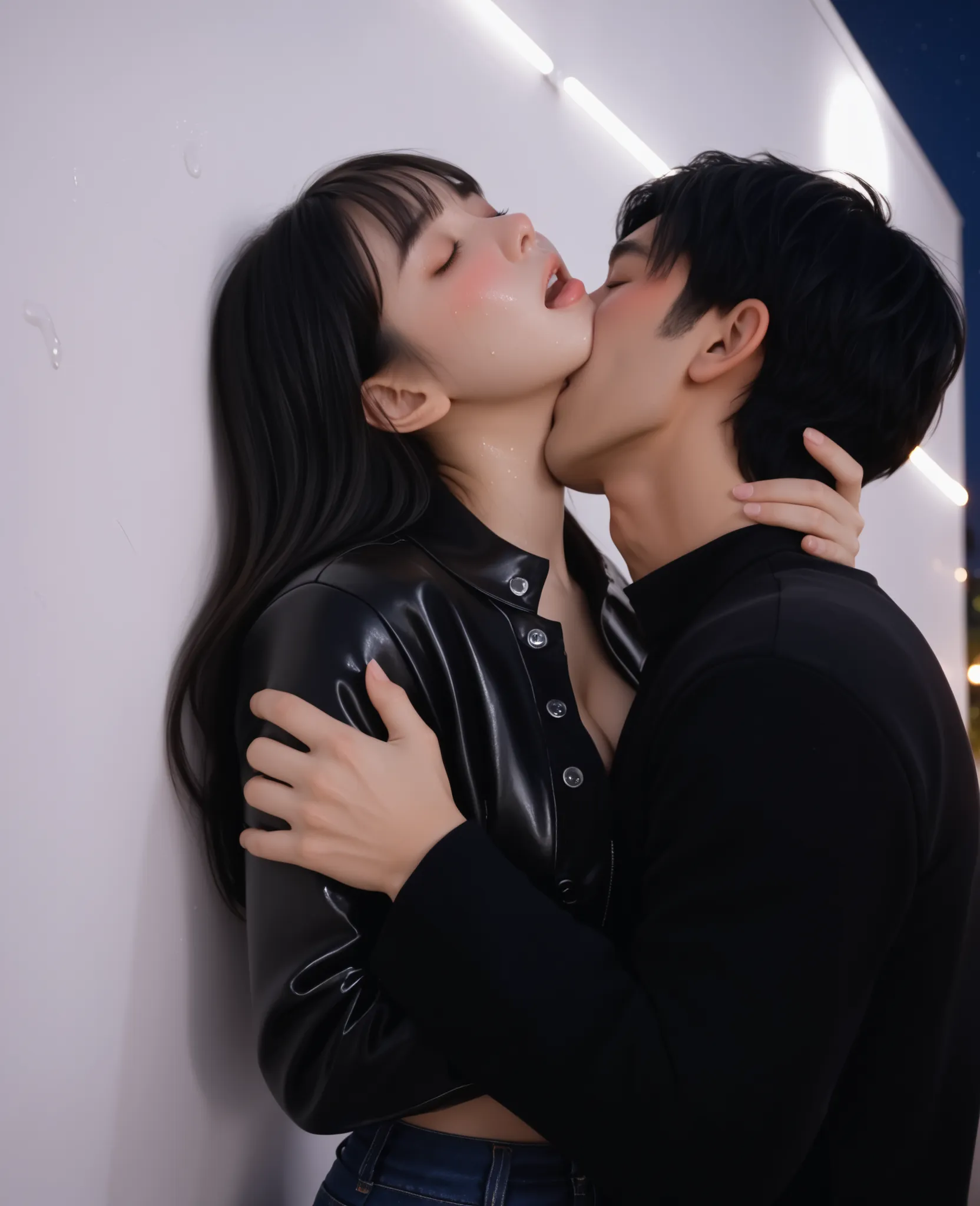 score_9, score_8_up, score_7_up, 1woman, solo, hair, closed eyes, white milky porcelain skin, white-skinned female, long straight black hair with bangs, lovely medium breasts, perfect body, partially unbuttoned black shirt, jeans, sweat, female organism, o...
