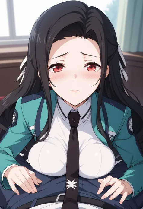 nsfw, mayumi saegusa, long hair, black hair, red eyes, hair ribbon, long sleeves, dress, school uniform, pantyhose, necktie, white dress, black necktie,
,1girl,blush,embarrassed, pov kiss breast press, breast press, 1girl, 1boy, pov,,high quality,high deta...