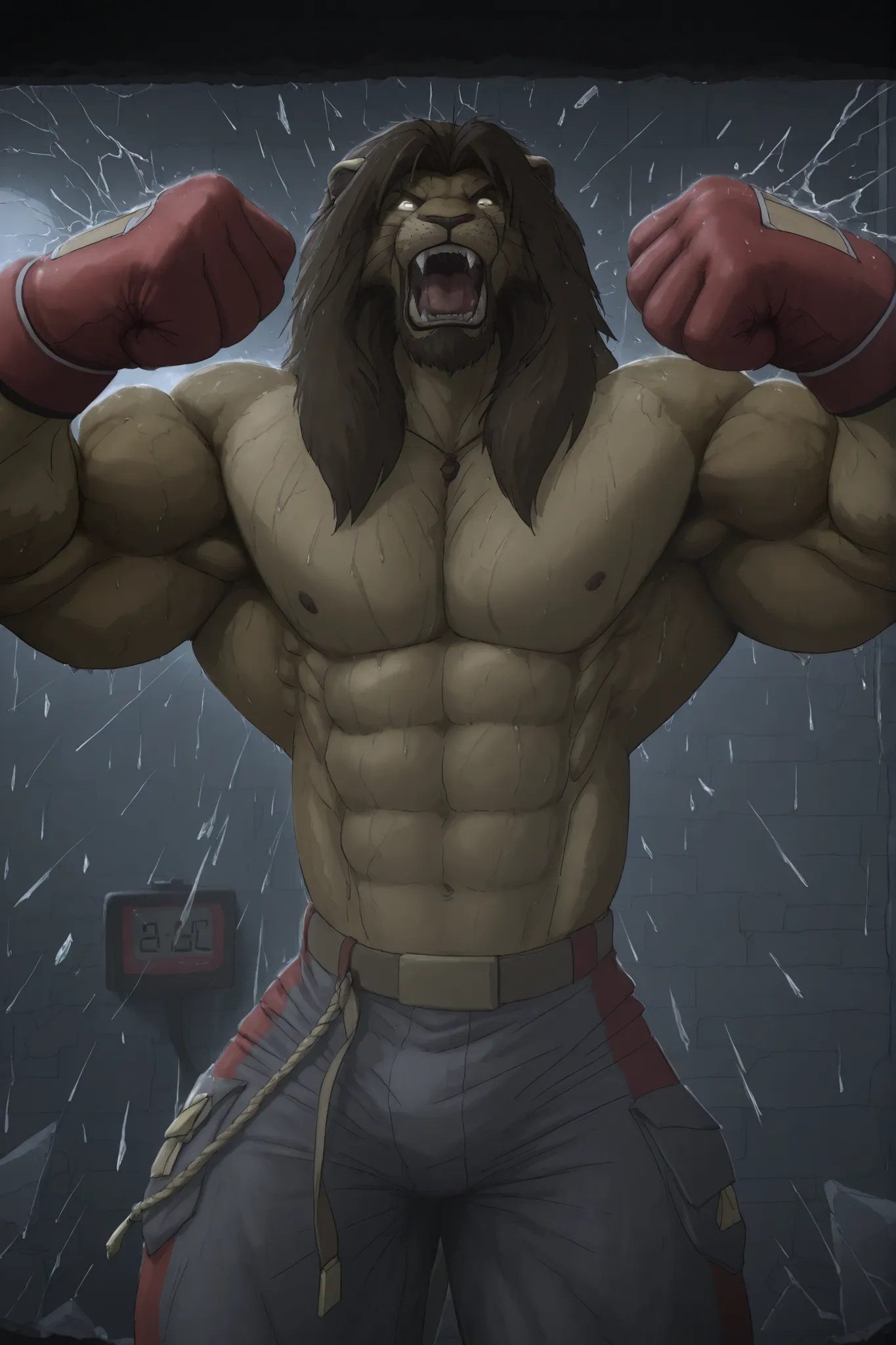 A massive, hyper-muscular anthropomorphic lion warrior (inspired by Sett from League of Legends), wearing red boxing gloves and torn fighter pants, is mid-roar as he smashes through a glass screen toward the viewer. One powerful fist is extended fully forw...