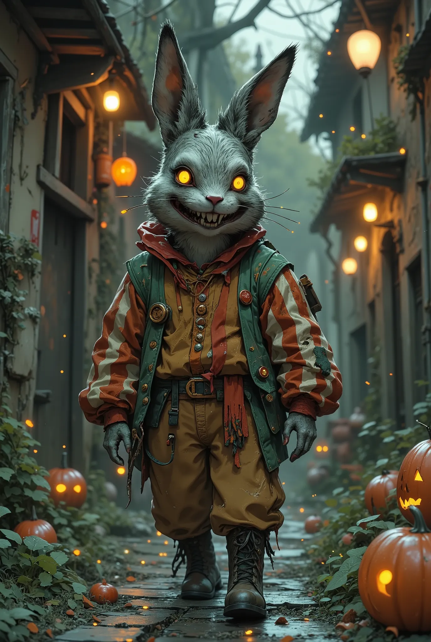 A tiptoeing, sly, slightly cartoon rabbit is a villain in the style of a dark ren's horror.It looks like an old spoiled plush toy. Big pointed ears, one ear torn off, hanging by threads, the other sewn on a button, squinting glowing yellow eyes with vertic...