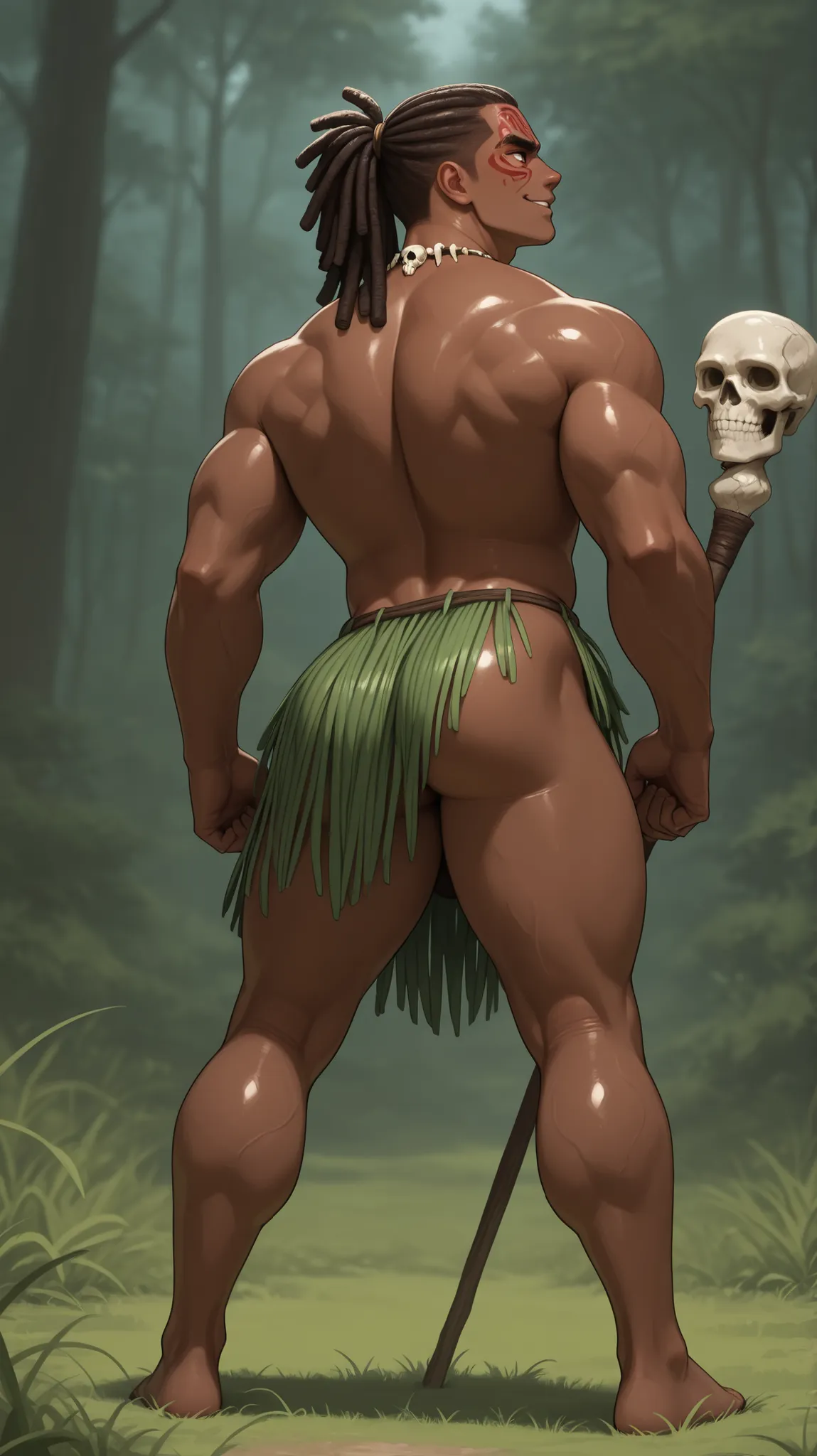 masterpiece,best quality,1male,male focus,african male, full body,muscle,thick thigh,brown skin,shiny skin,black dreadlocks, veins,dark brown skin,profile, thick eyebrows,red face tattoo, grass skirt,red tattoo,skull necklace,skull staff,smirk,from behind,...
