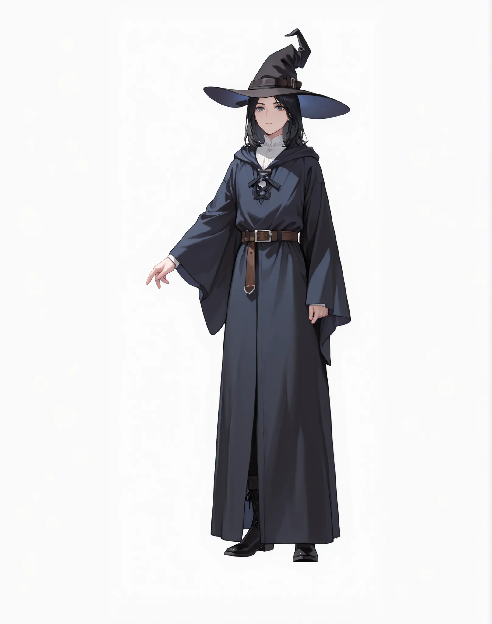 1boy, solo, looking at viewer, medium hair, simple background, black hair, long sleeves, hat, white shirt, white background, closed mouth, standing, full body, boots, belt, wide sleeves, black footwear, amber eyesblack headwear, witch hat, robe, medieval c...