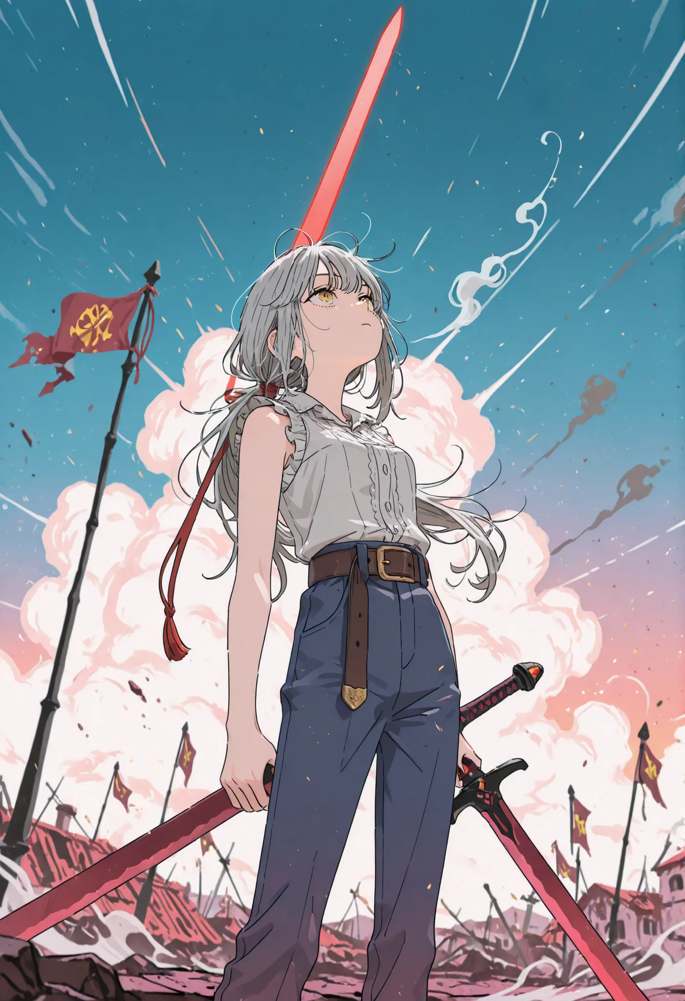 (Masterpiece, best quality), intricate details, JK, highly detailed, intricate details, close up, solo, messy hair, yellow eyes, , looking up, long hair, gray hair, low ponytail, light skin, yellow eyes, gray sleeveless vest with white frill trim,thin, l...